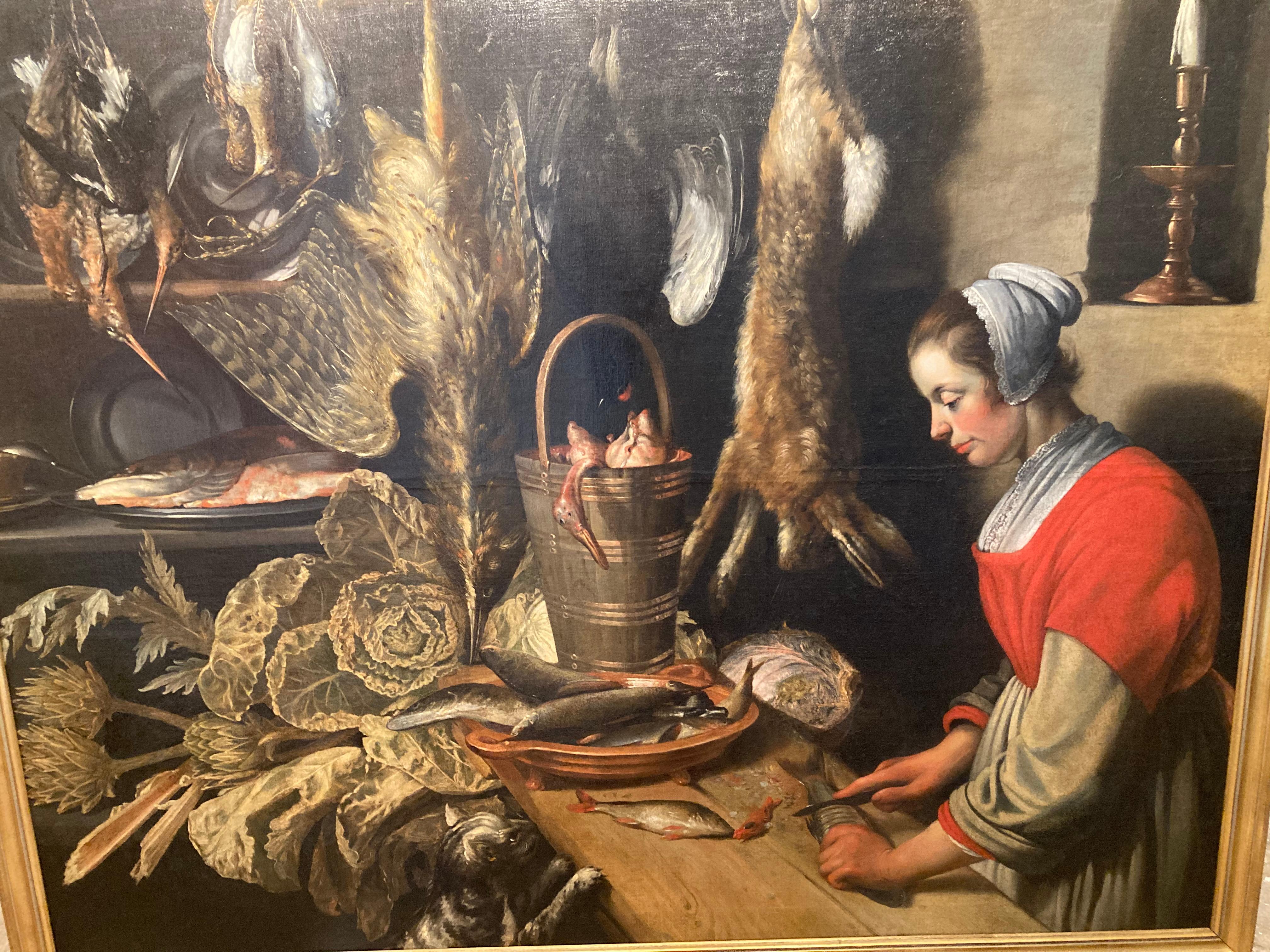  Still Life Painting, Kitchen Piece, Cat and Maid, Old Master, Attr. Van Boucle 7