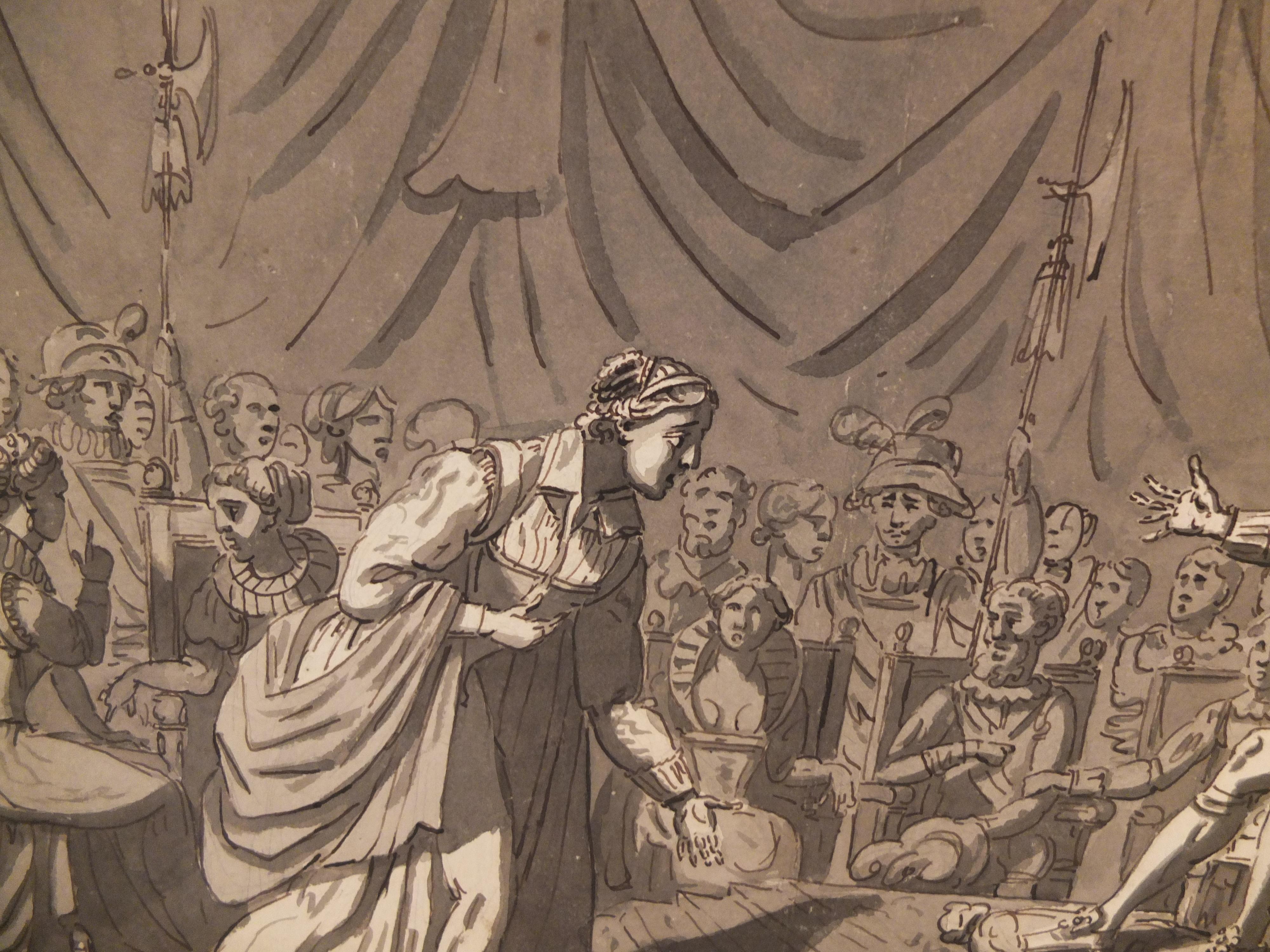 Unbekannter Künstler, Französische Schule 18. Jahrhundert, Schlegelkreis? Szene aus dem Decamerone.
Altmeisterliche Zeichnung