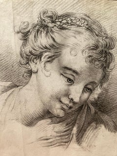 French School, Circle Boucher, Portrait of a Young Woman, Old Master Drawing