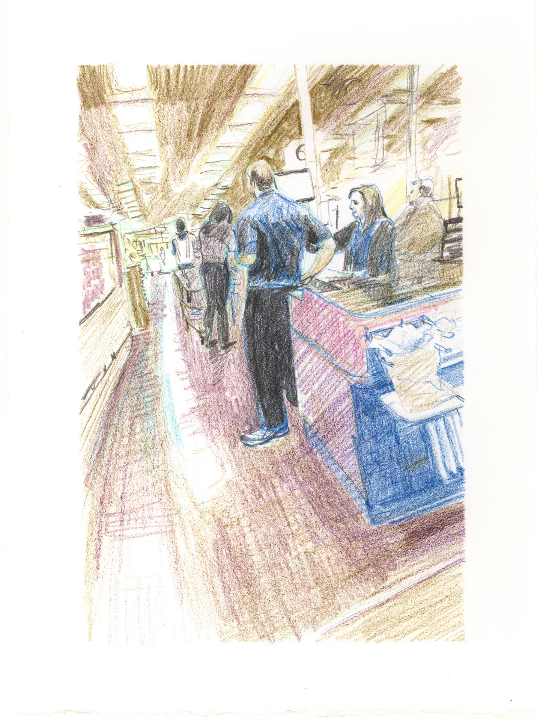 Eilis Crean Figurative Art - "Marketplace Cashier #25" - interior drawing - colorful work on paper - Daumier