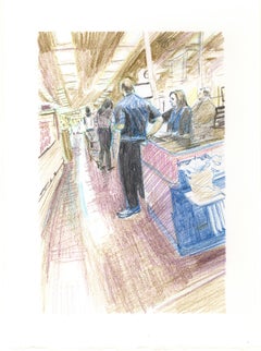 "Marketplace Cashier #25" - interior drawing - colourful work on paper - Daumier