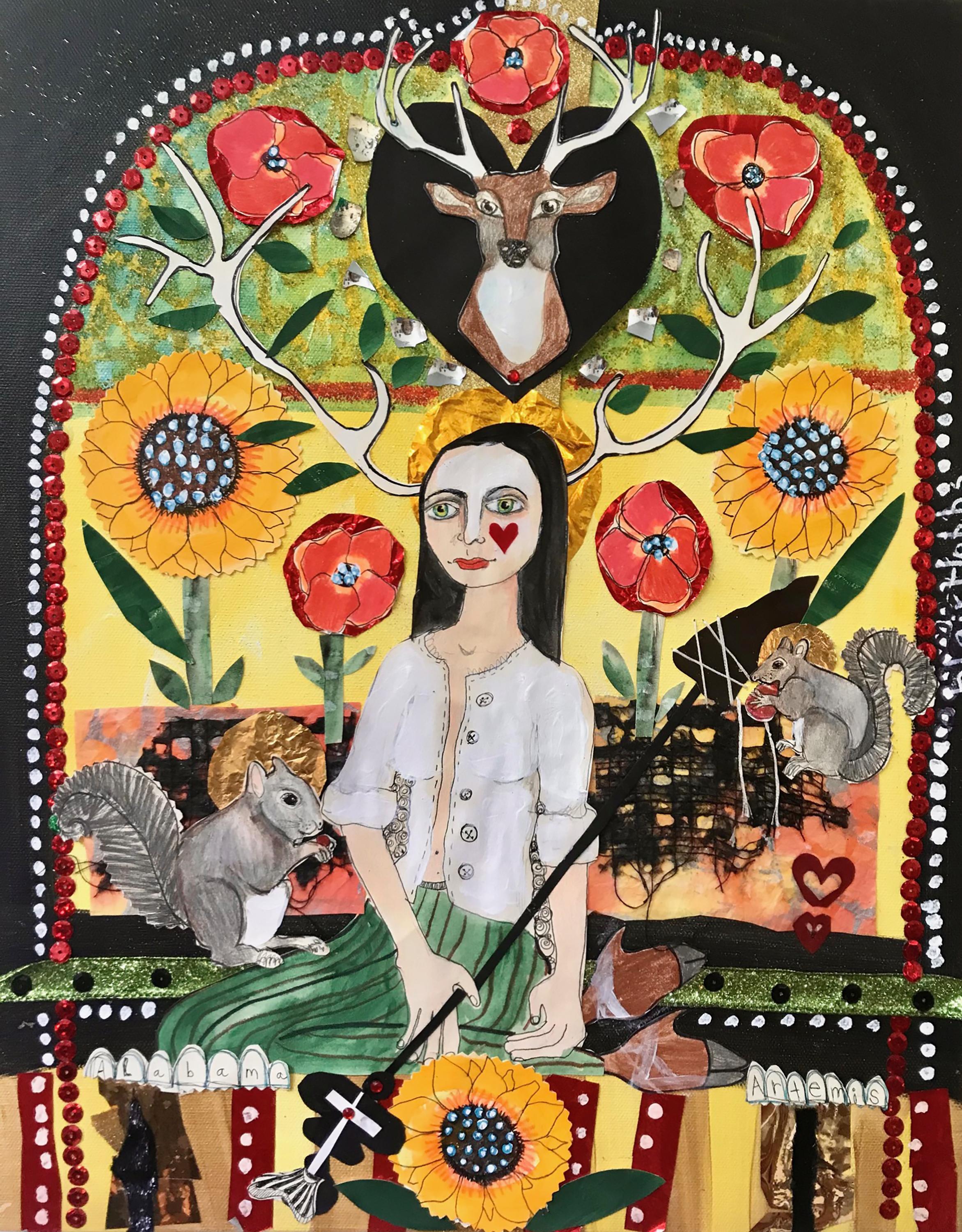 Blair Hobbs Figurative Art - 'Alabama Artemis' - mixed media narrative collage - Southern Art - Marc Chagall