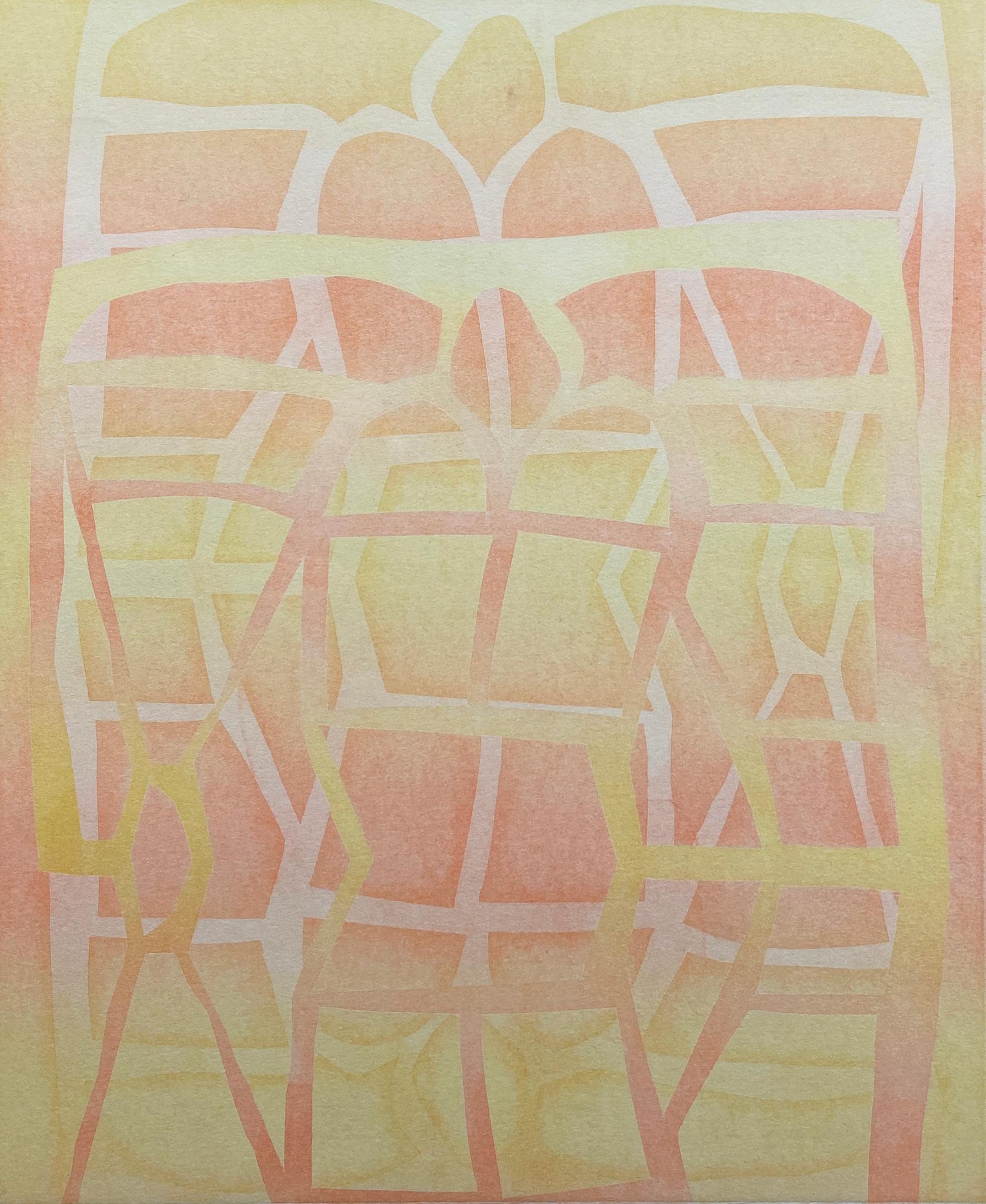 Claire Whitehurst Abstract Drawing - 'Gates of Summer' - geometric abstraction - monotype - grid - Agnes Pelton