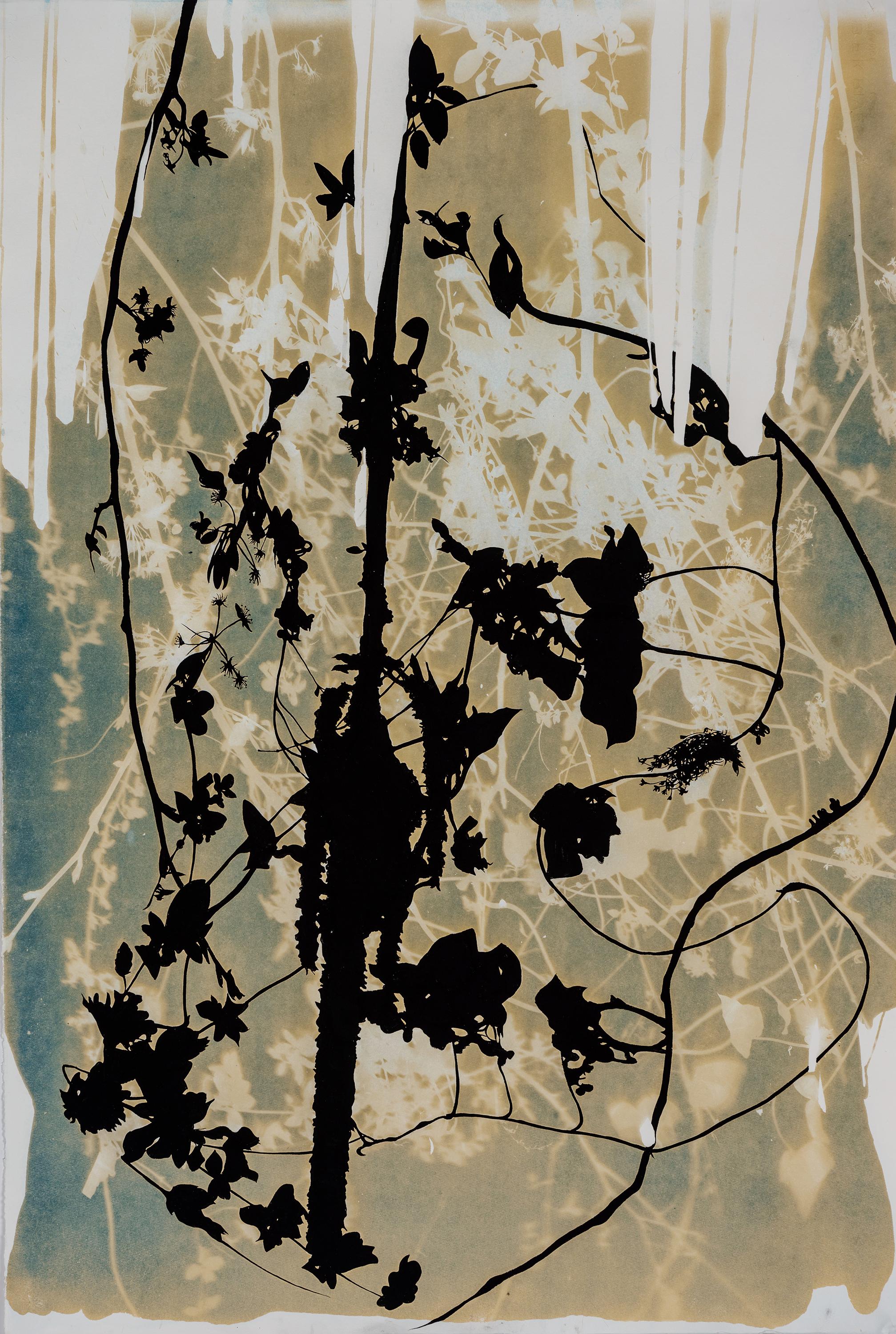 Psychic Garden (Shaman Staff) - botanical - cyanotype - ethereal - Mixed Media Art by Caroline Bullock