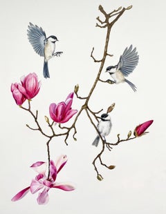 'Tulip Tree Branch with Chickadees' - floral illustration - colored pencil