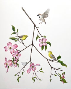 'Dogwood Branch with Warblers, Sparrow & Cabbage White' botanical illustration 