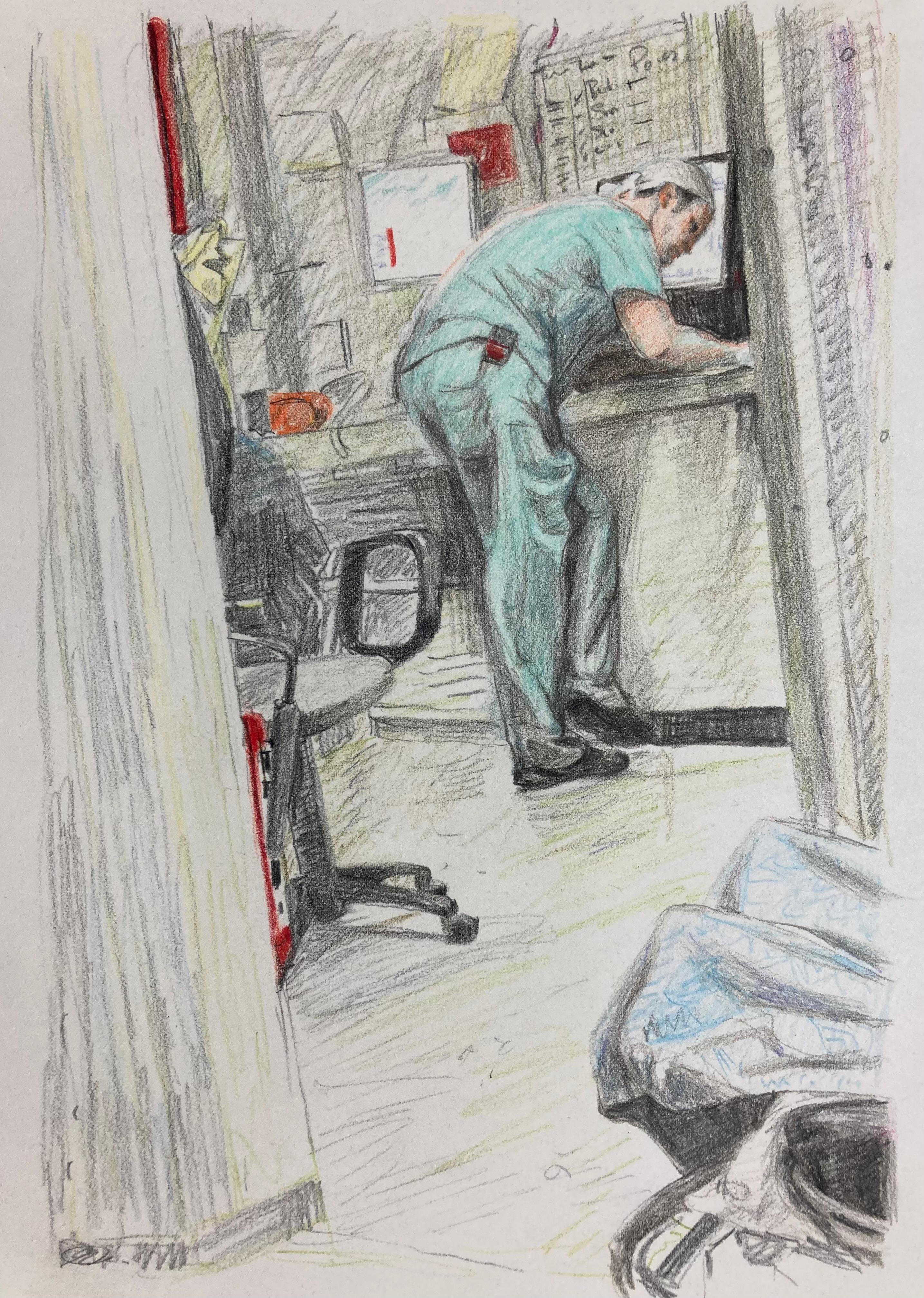 „ Hospital Worker #3“ – Innenzeichnung – farbenfrohe Arbeit auf Papier – Daumier