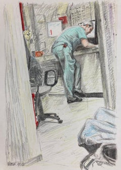 "Hospital Worker #3" - interior drawing - colorful work on paper - Daumier