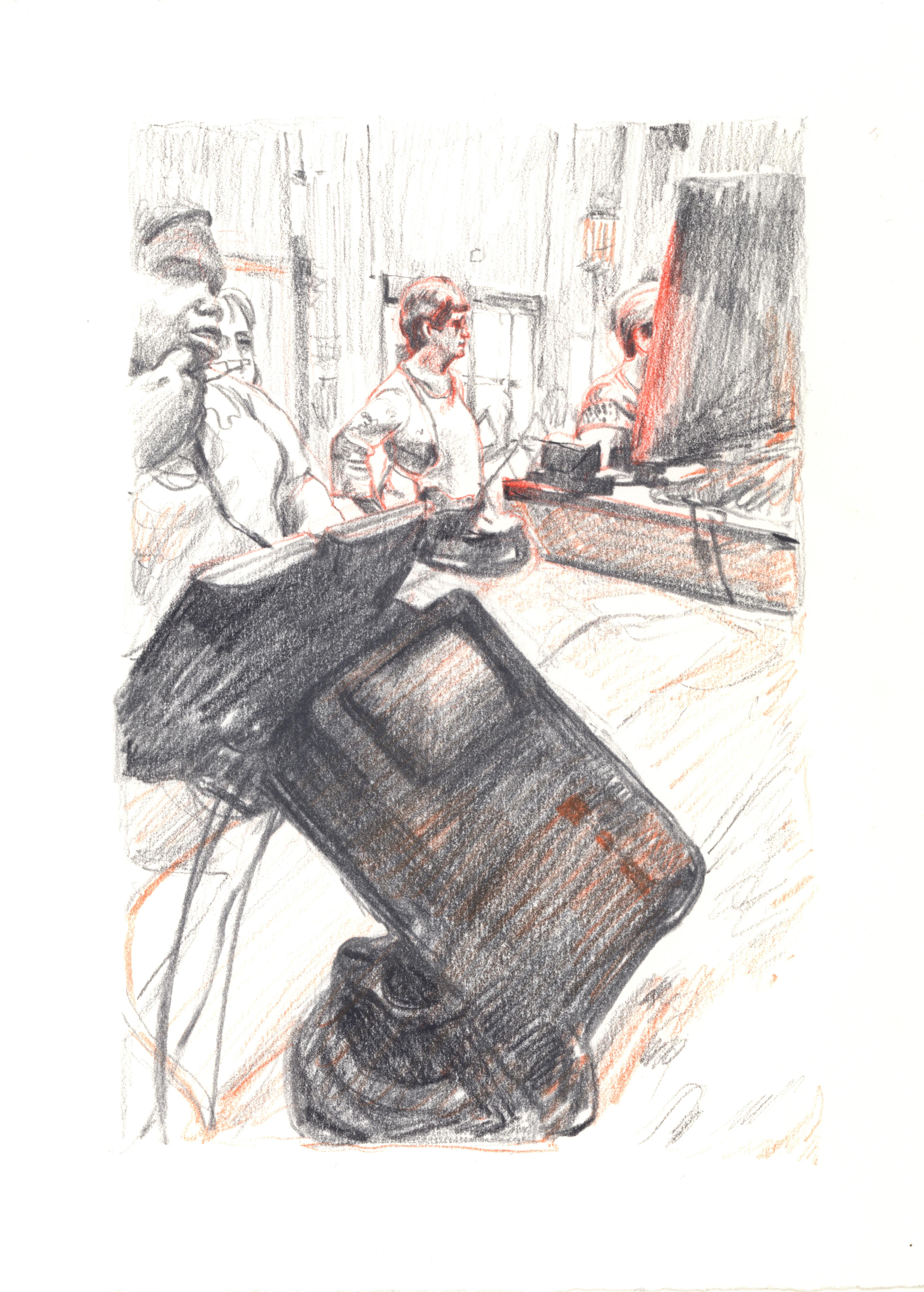 Eilis Crean Interior Art - "Marketplace Cashier #46" - interior drawing - colorful work on paper - Daumier