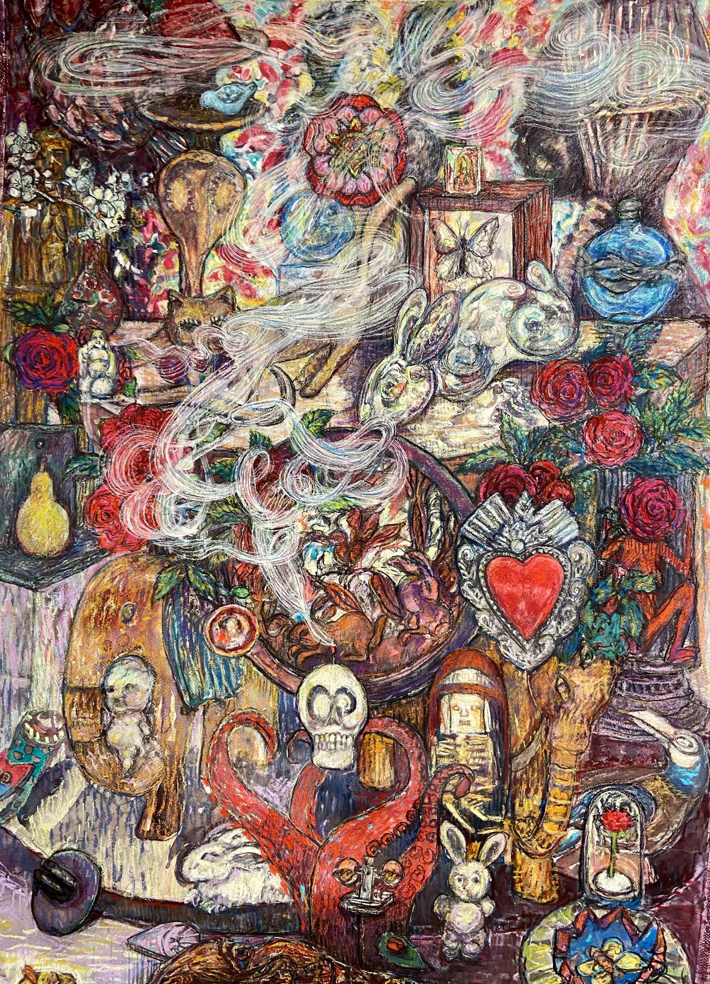 "Souvenirs" - dessin au pastel, nature, plantes, nature morte, surréaliste, crâne, cœur.