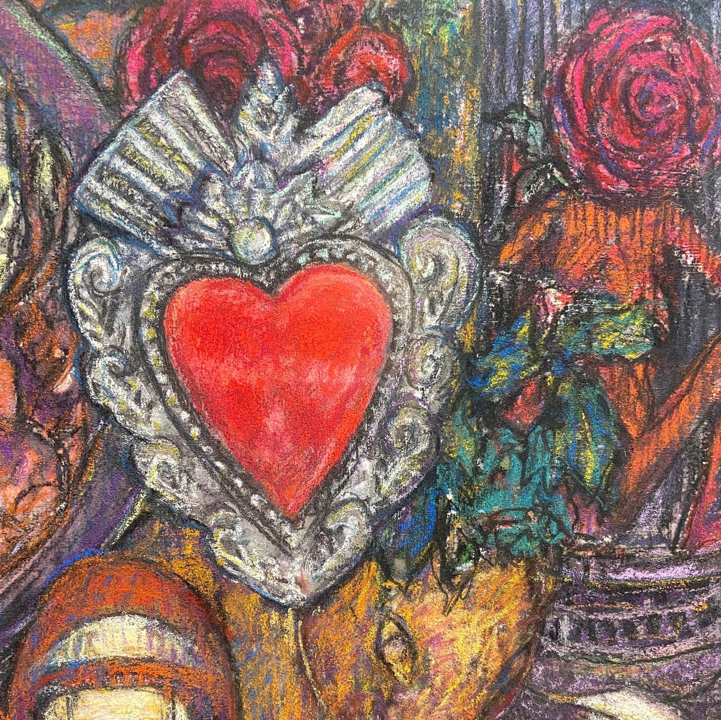 This piece is framed measuring 46 by 34 inches.

Based in Carrollton, Georgia, Erin Dixon is a mixed media artist whose work bridges realism and surrealism. Her work is often heavily layered, preserved and obscured in acrylic, then re-interpreted as