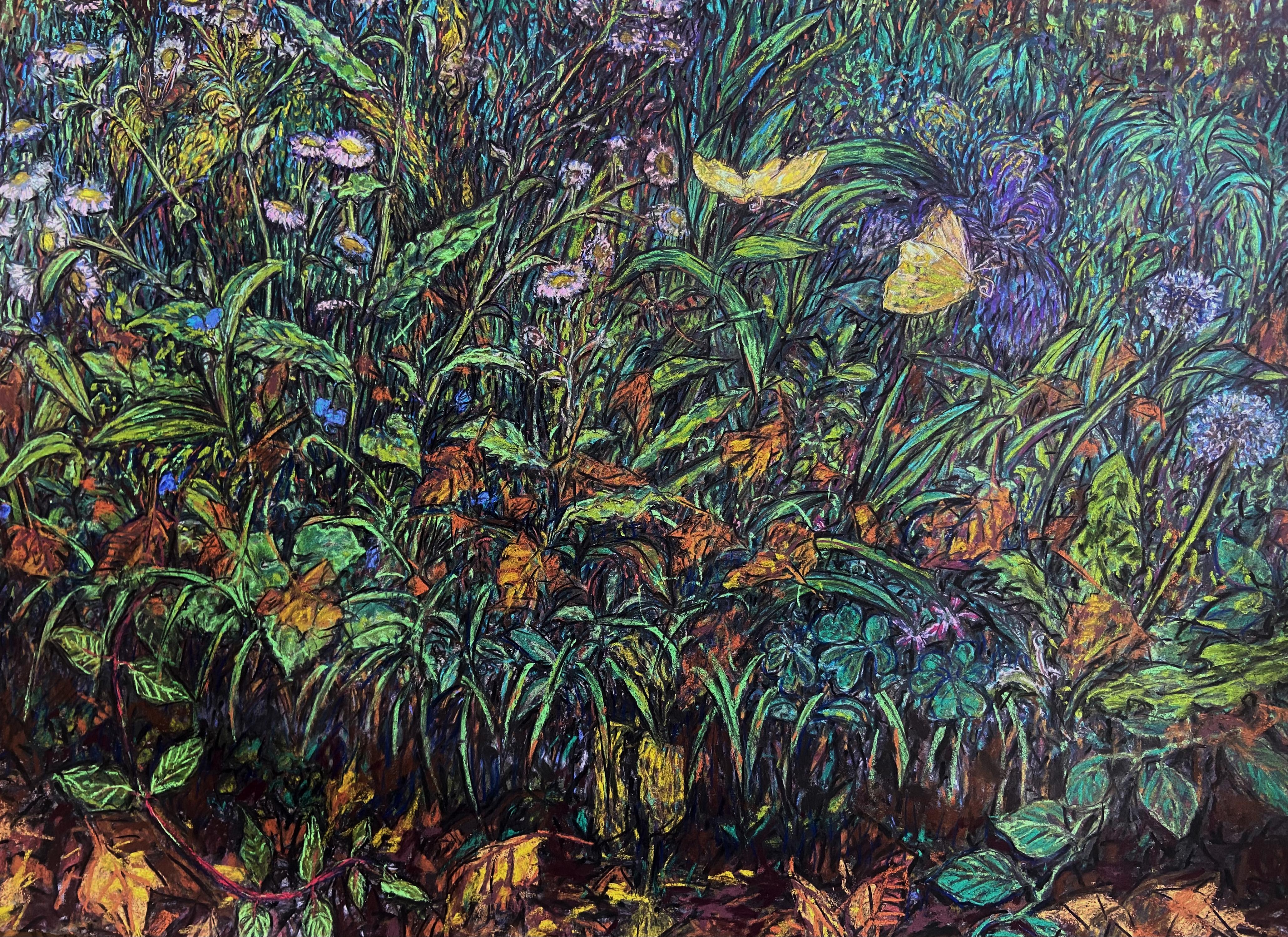 "Papillons jaunes" - dessin au pastel, nature, plantes, nature morte, paysage