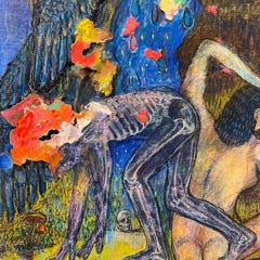 "Chimera" - pastel drawing, figure, skeleton, nude, bright colors, texture