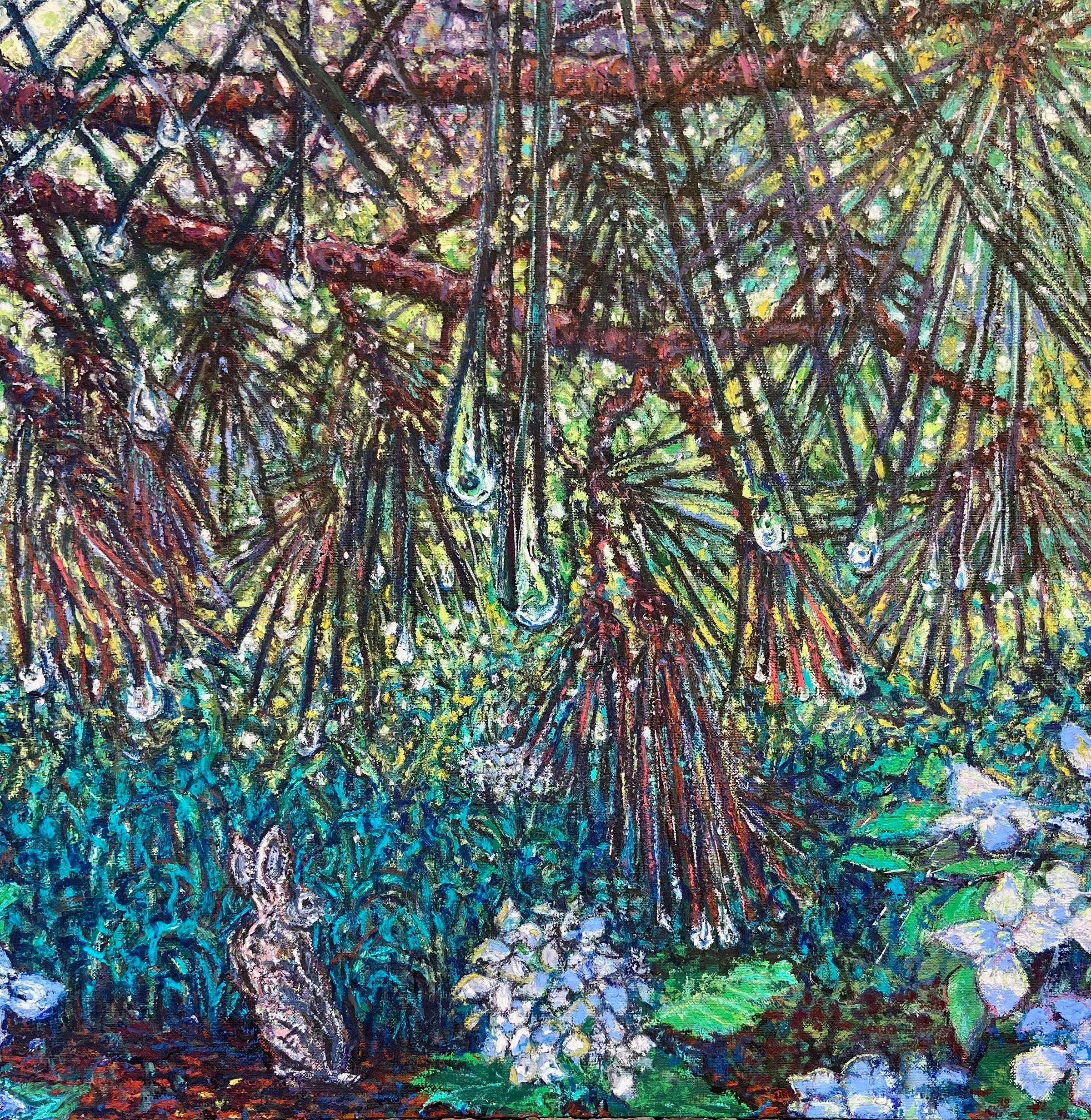 "Gotas de rocío" - dibujo al pastel, paisaje, conejito, animal, hierba, verde, flores