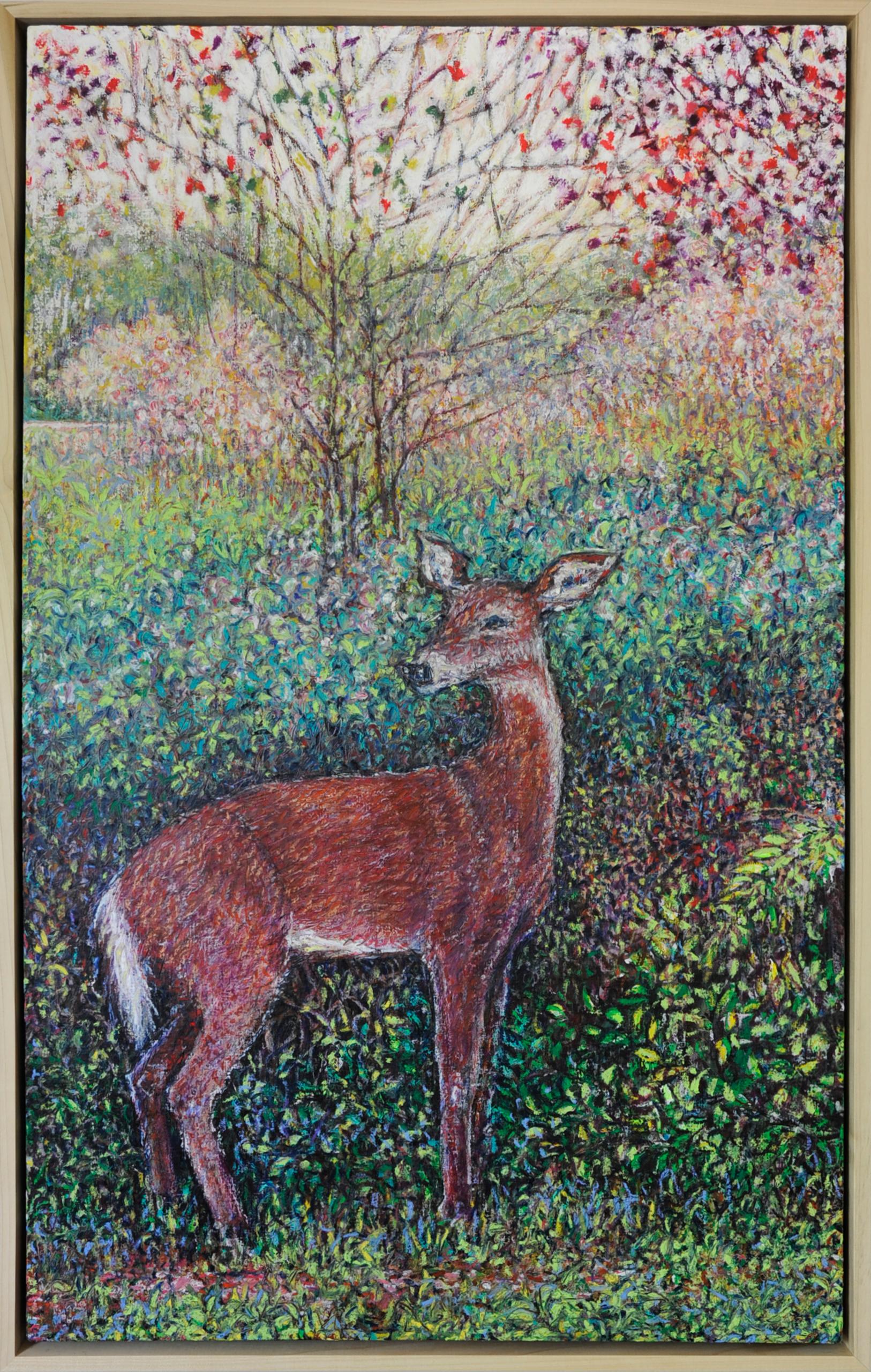 Erin Dixon Landscape Art - "Walk" - oil pastel drawing, figurative, nature, deer, optical mixing, colorful