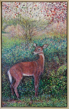 "Walk" - oil pastel drawing, figurative, nature, deer, optical mixing, colorful