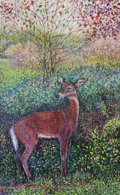"Spaziergang" - Ölpastellzeichnung, figurativ, Natur, Hirsch, optische Mischung, farbig