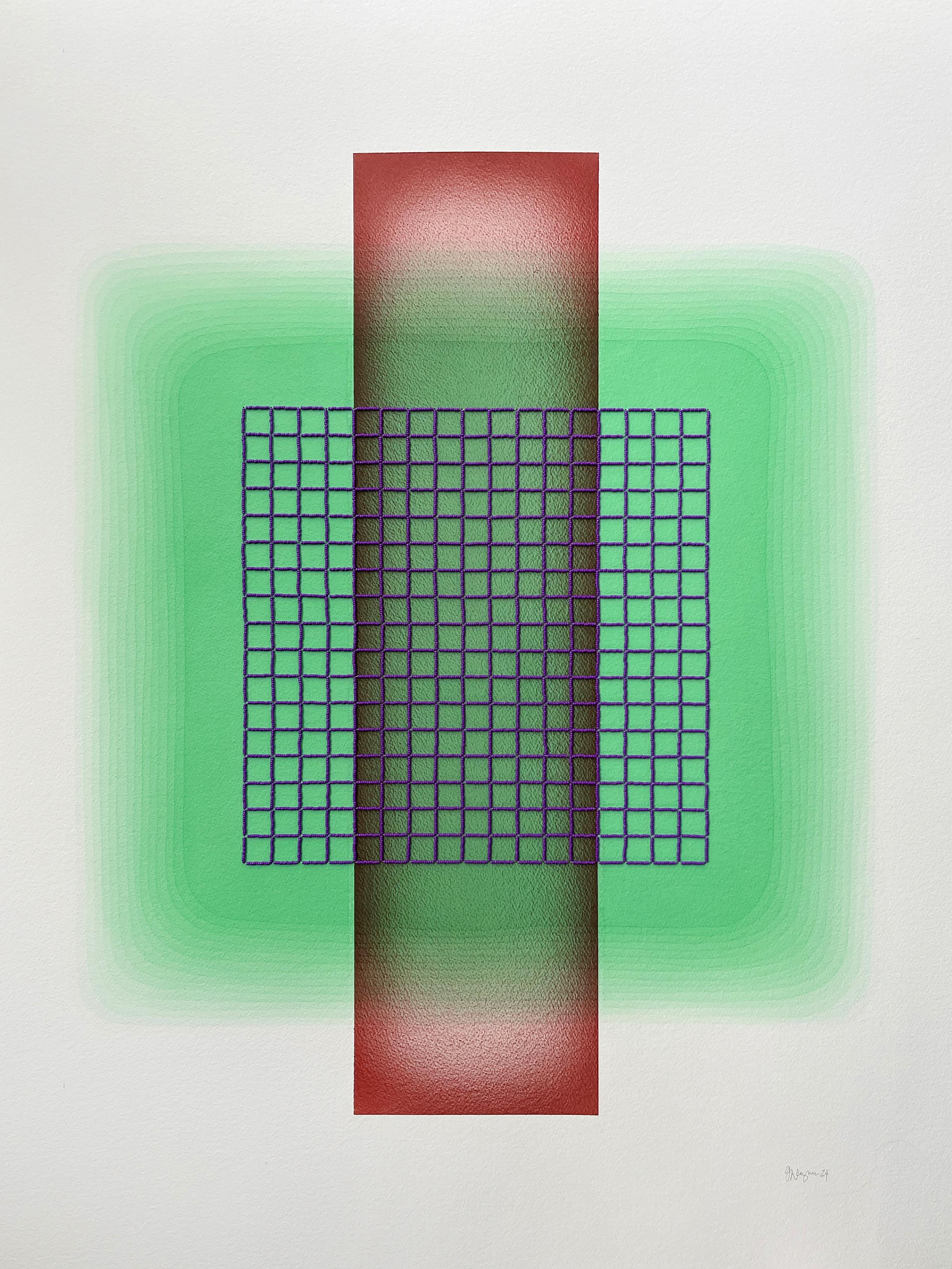 Gretchen Wagner Abstract Drawing - 'Color Interaction IV (9)' - color theory, glass beads, bright, saturated, grid