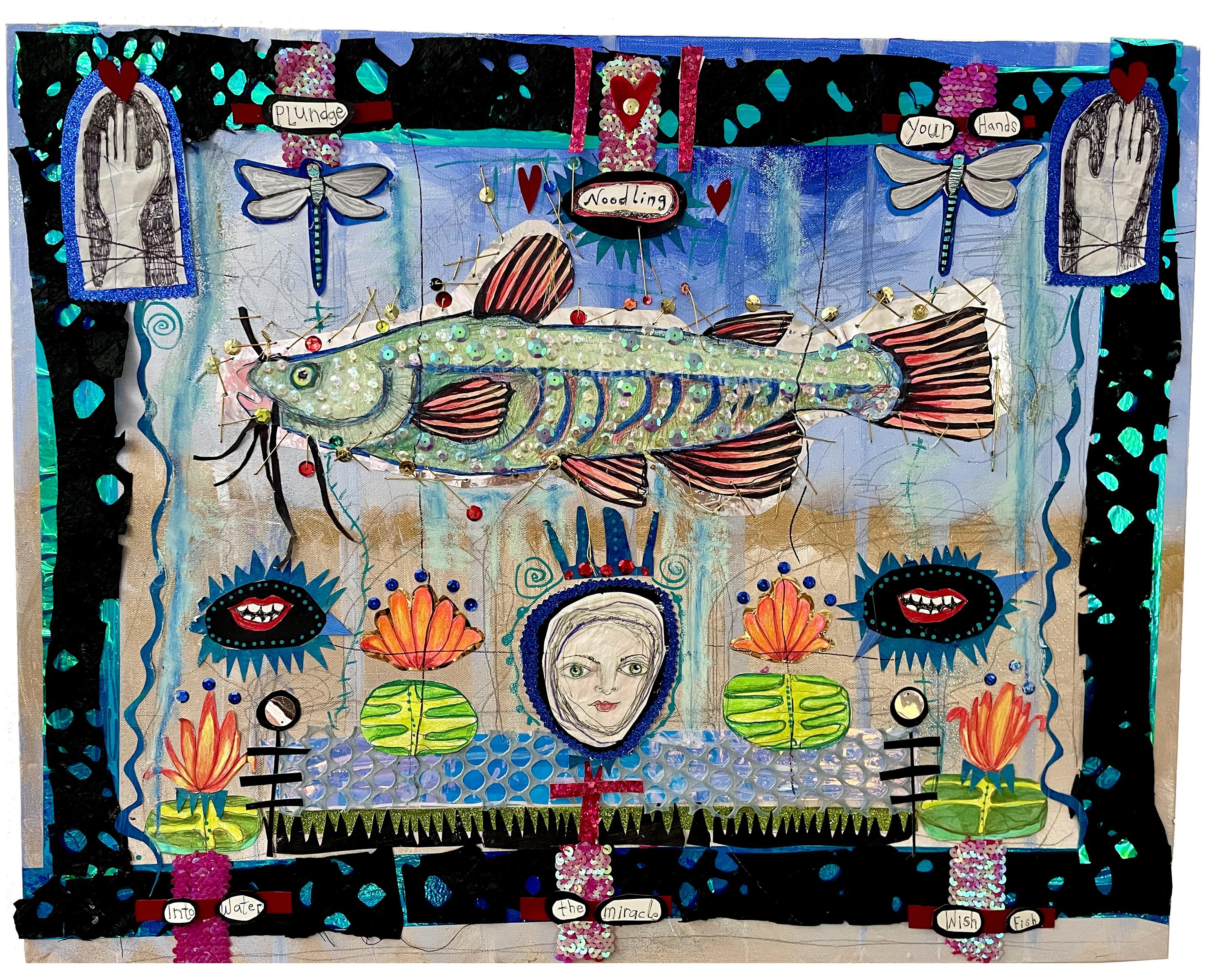 « Noodling - collage technique mixte - art du Sud - art populaire - art fantaisiste - poisson