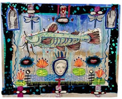 'Noodling - mixed media collage - Southern art - folk art - whimsical - fish