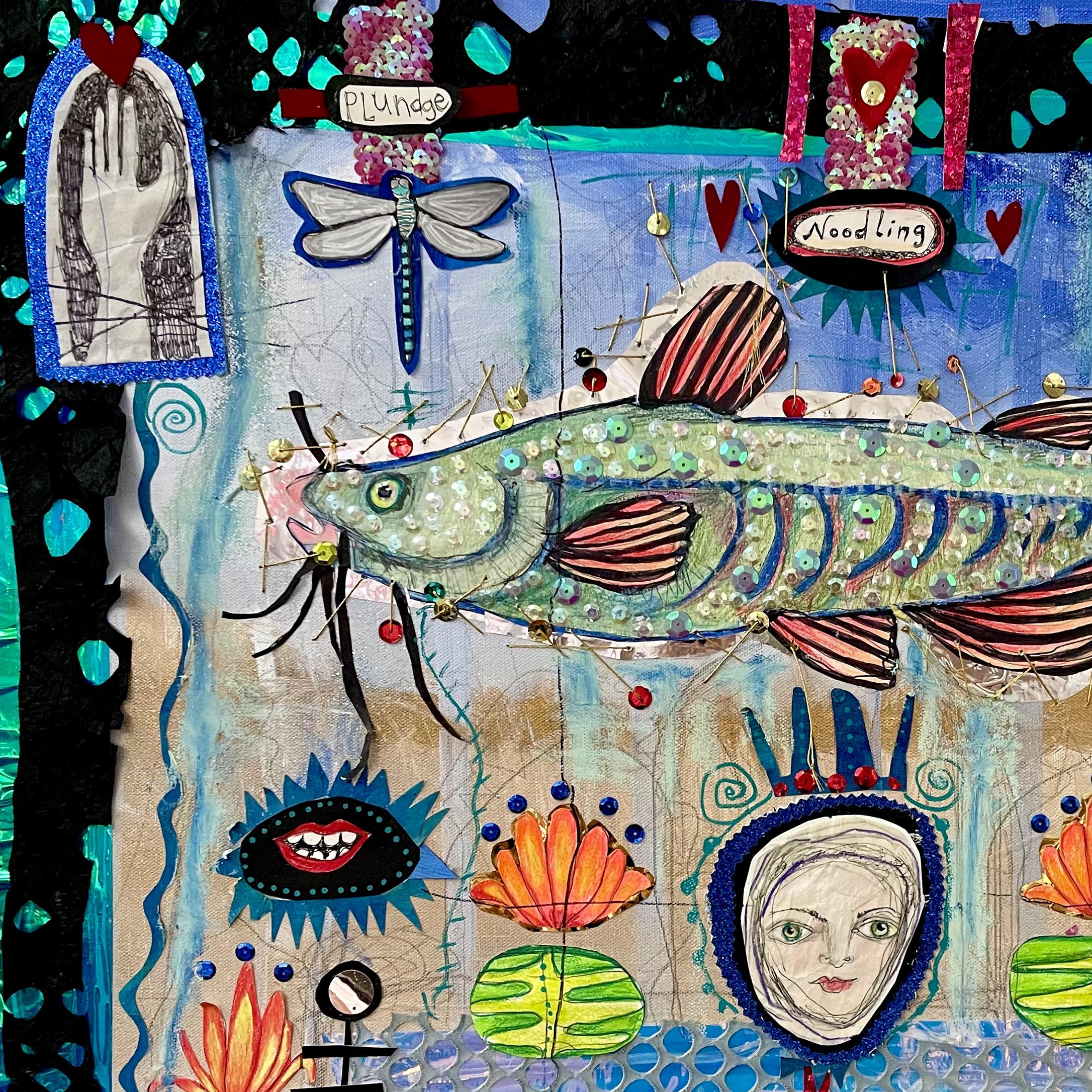 'Noodling - collage de técnica mixta - arte sureño - arte popular - caprichoso - pez - Art de Blair Hobbs
