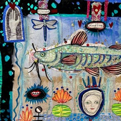 'Noodling - mixed media collage - Southern art - folk art - whimsical - fish