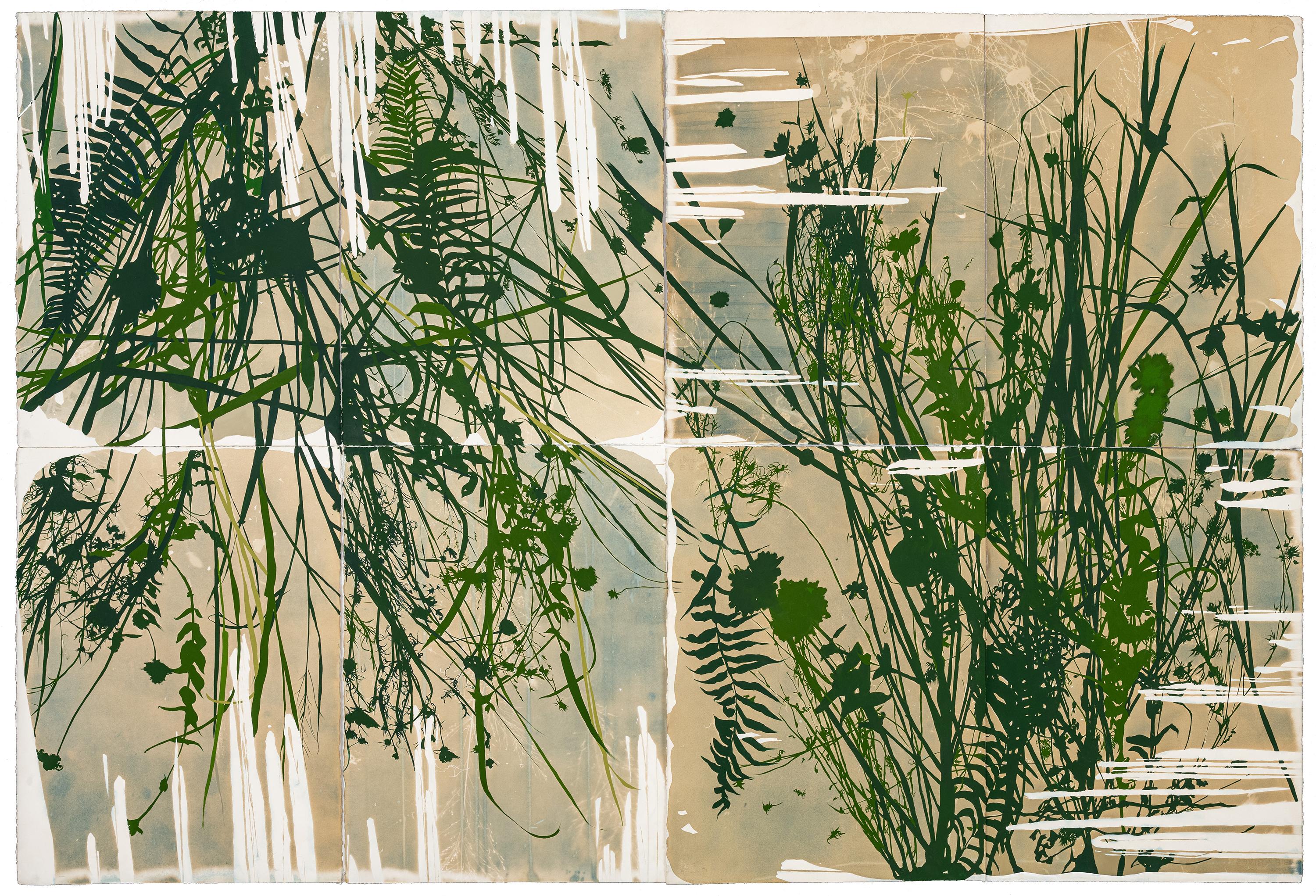 Dieses Werk ist eine abstrakte botanische Arbeit auf Papier mit grünen Farbtönen. Es ist in einem einfachen weißen Kastenrahmen hinter UV-Plexiglas gerahmt. Das ungerahmte Werk misst 60 mal 88 Zentimeter.

Caroline Bullock lässt sich von der Arbeit