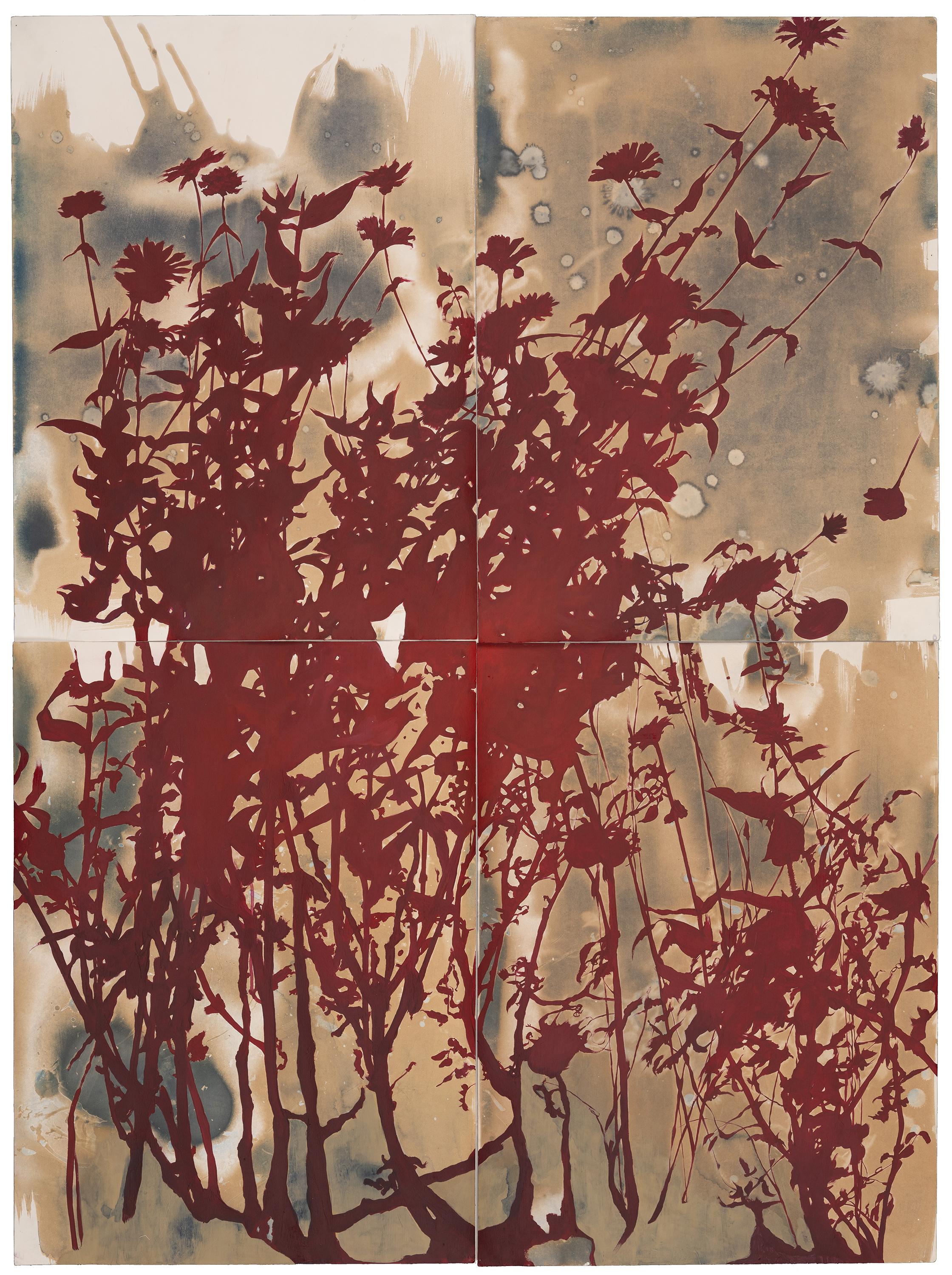 Esta pieza es una obra botánica abstracta sobre papel con tonos rojos, azules y tostados. Está enmarcada en un sencillo marco de caja blanca detrás de plexiglás UV. La obra sin enmarcar mide 60 por 44 pulgadas.

Caroline Bullock se inspira en la
