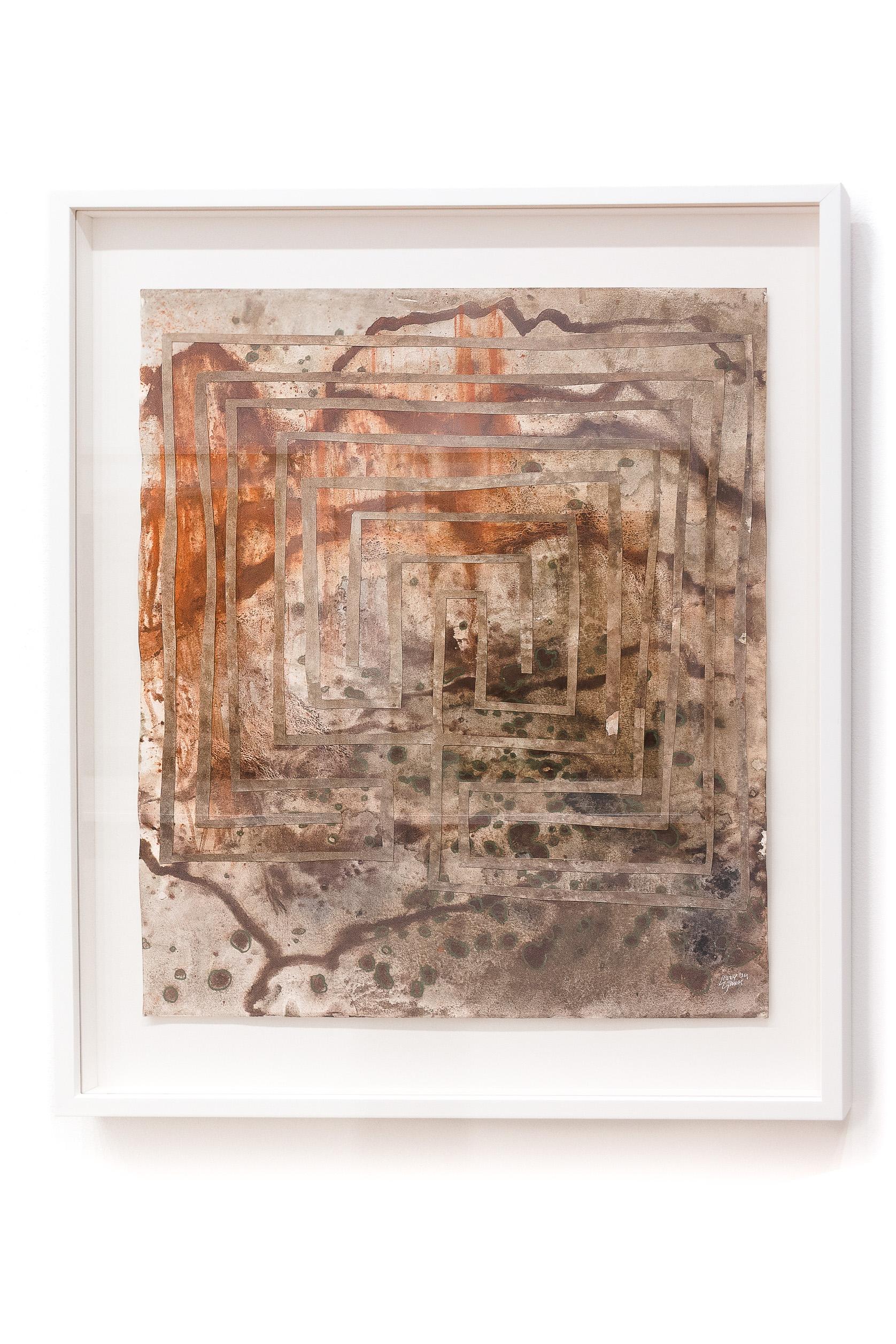 This work on paper features deep hues of green, orange, yellow and brown. The unframed piece measures 24 by 18 inches.

Lizzy Storm is an Atlanta-based Artist and educator creating weathered, earthen abstractions: drawings, paintings and prints of