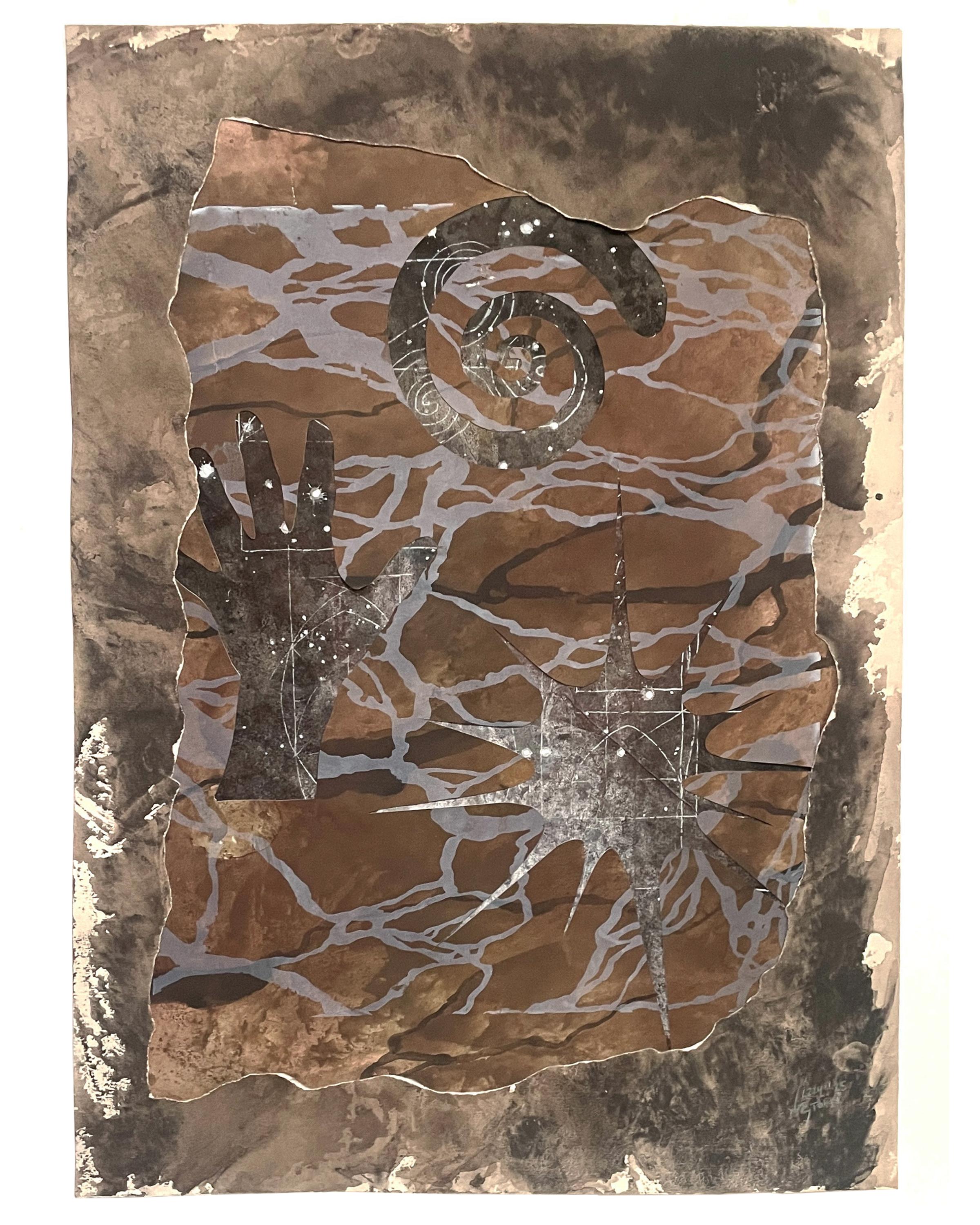 Lizzy Storm Figurative Art – "Spur der Zeit: Wir hinterlassen unsere Spuren in den Sternen" - Hand, himmlisch, stimmungsvoll, Collage