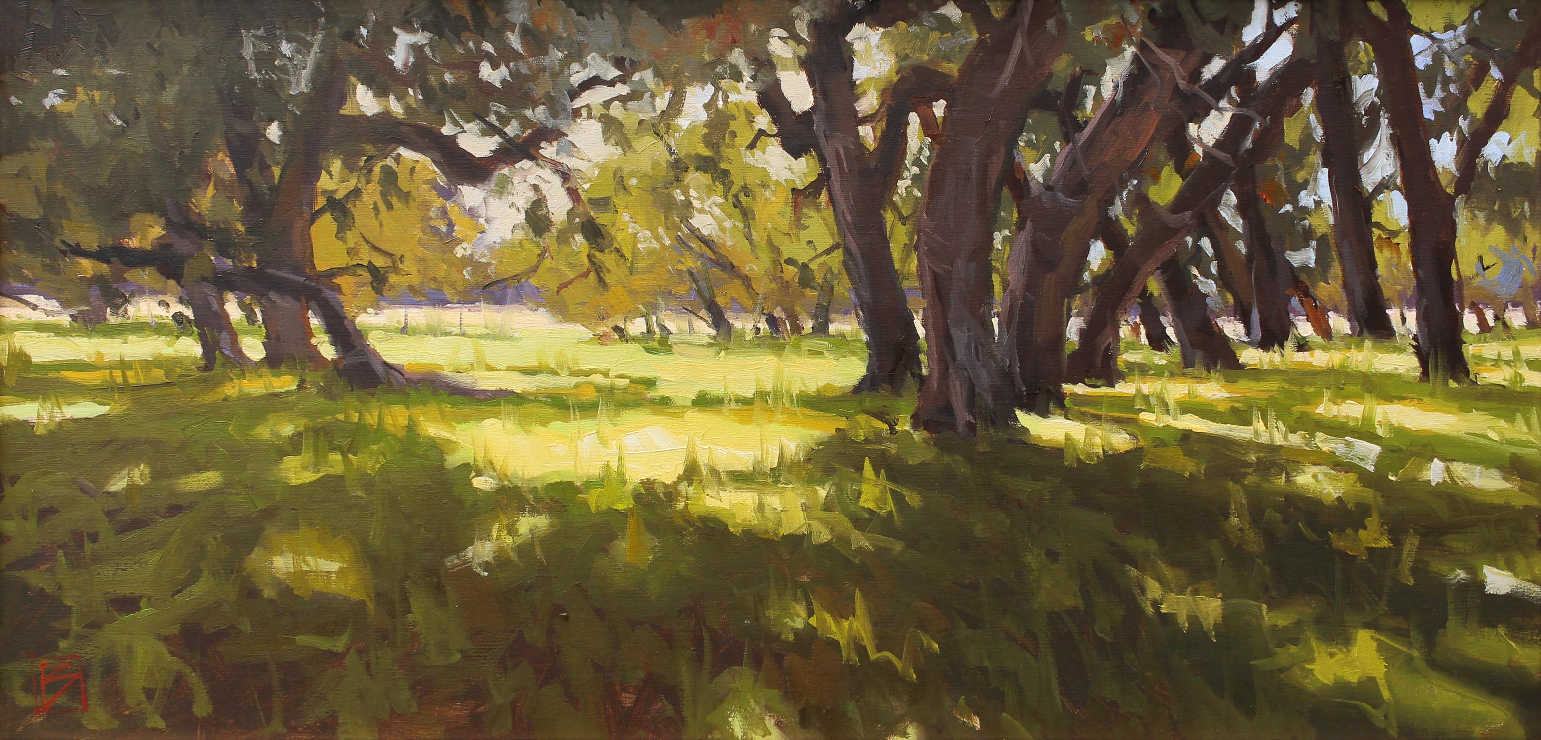 "Between the Oaks" is a plein air landscape painting featuring green, yellow, brown and blue hues.
David Boyd is inspired by the work of Edward Hopper, Andrew Wyeth and Winslow Homer.

David Boyd is a plein air artist who paints the Southeast’s