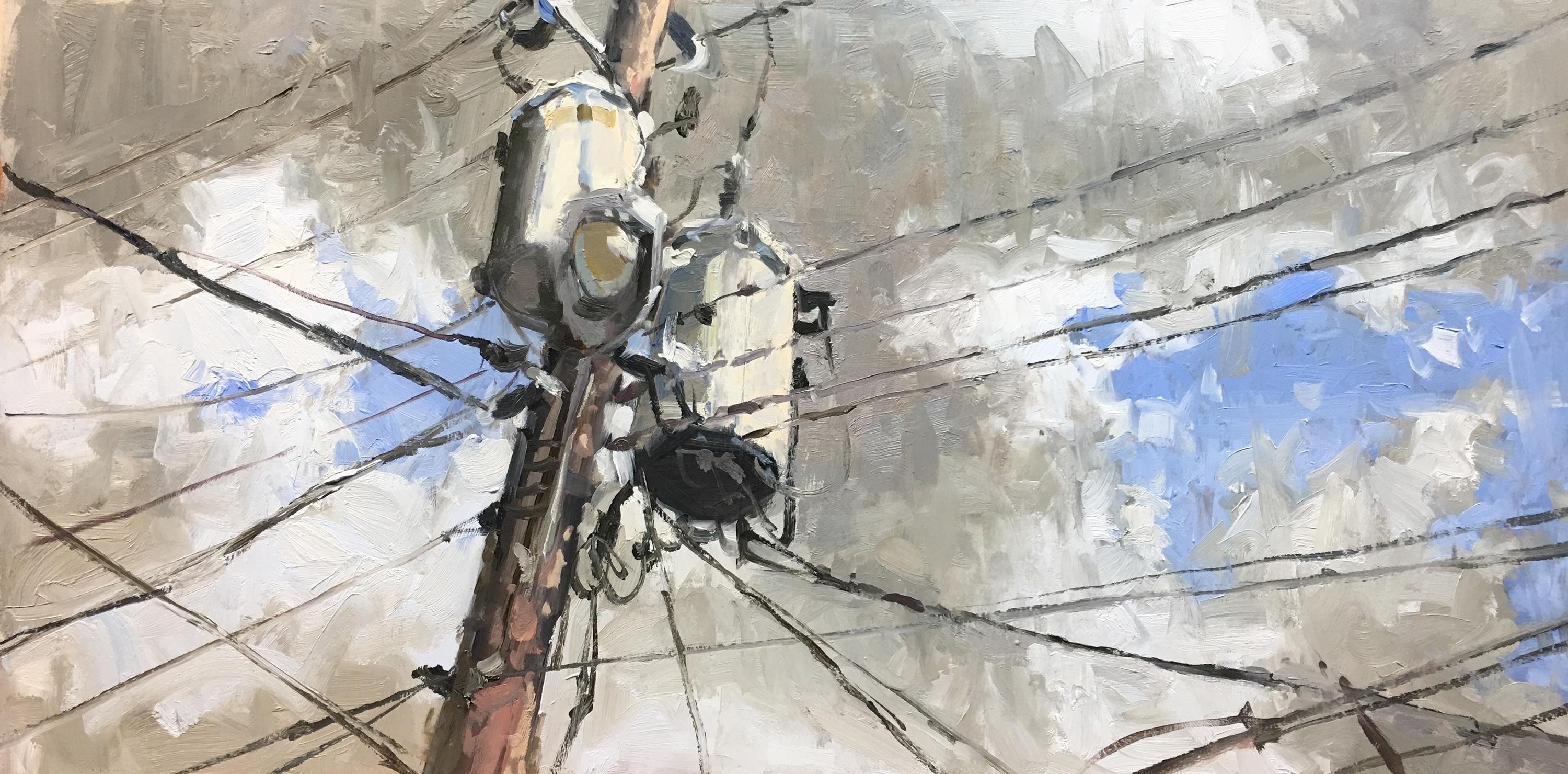 "Livewire" is a plein air sky-scape painting featuring blue, white and grey hues.
David Boyd is inspired by the work of Edward Hopper, Andrew Wyeth and Winslow Homer.

David Boyd is a plein air artist who paints the Southeast’s urban and rural