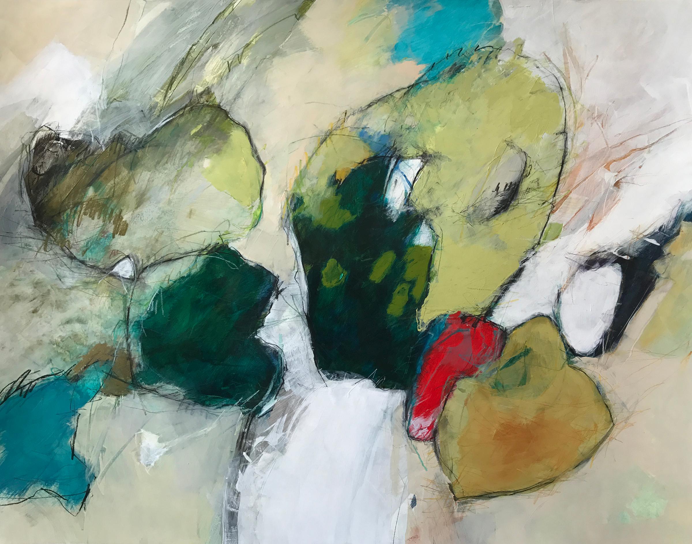 "Crypsis" features hues of green, red, yellow and teal.
Cynthia Knapp is inspired by the works of Joan Mitchell, Helen Frankenthaler and Grace Hartigan.

Atlanta based artist, Cynthia Knapp was born in the Northeast United States and as a child