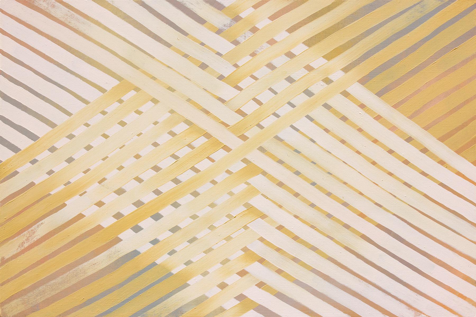 "Arise" is a geometric abstract painting featuring hues of ocher, pink, and blue. 
Amanda Brazer creates handmade oil paints from locally harvested earth pigments. She is inspired by the work of Agnes Martin and Anni Albers.

Chattanooga-based