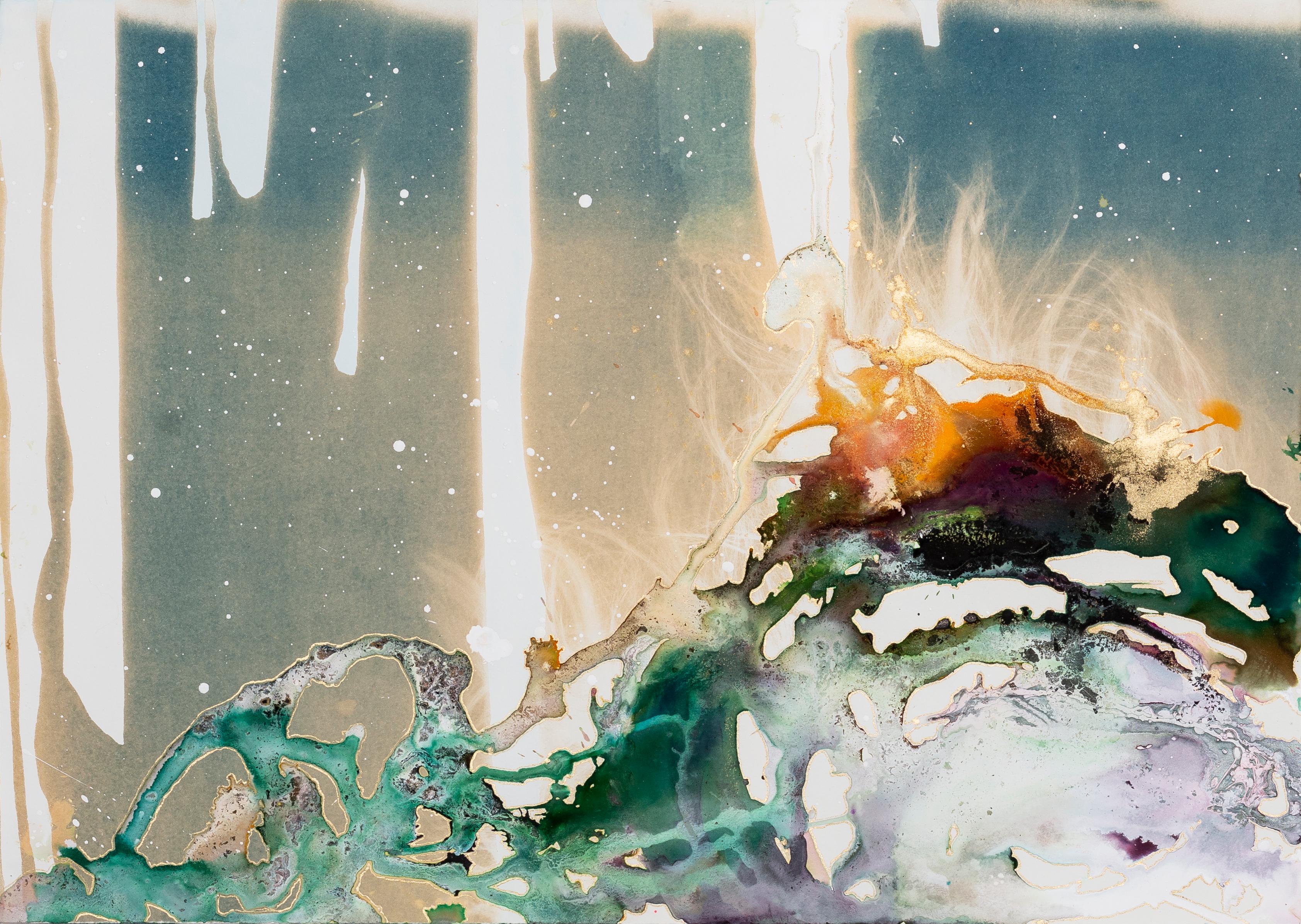 Caroline Bullock Abstract Drawing - 'Corona 2' - Nature-based Abstract - Mixed Media - Cyanotype - Kapoor