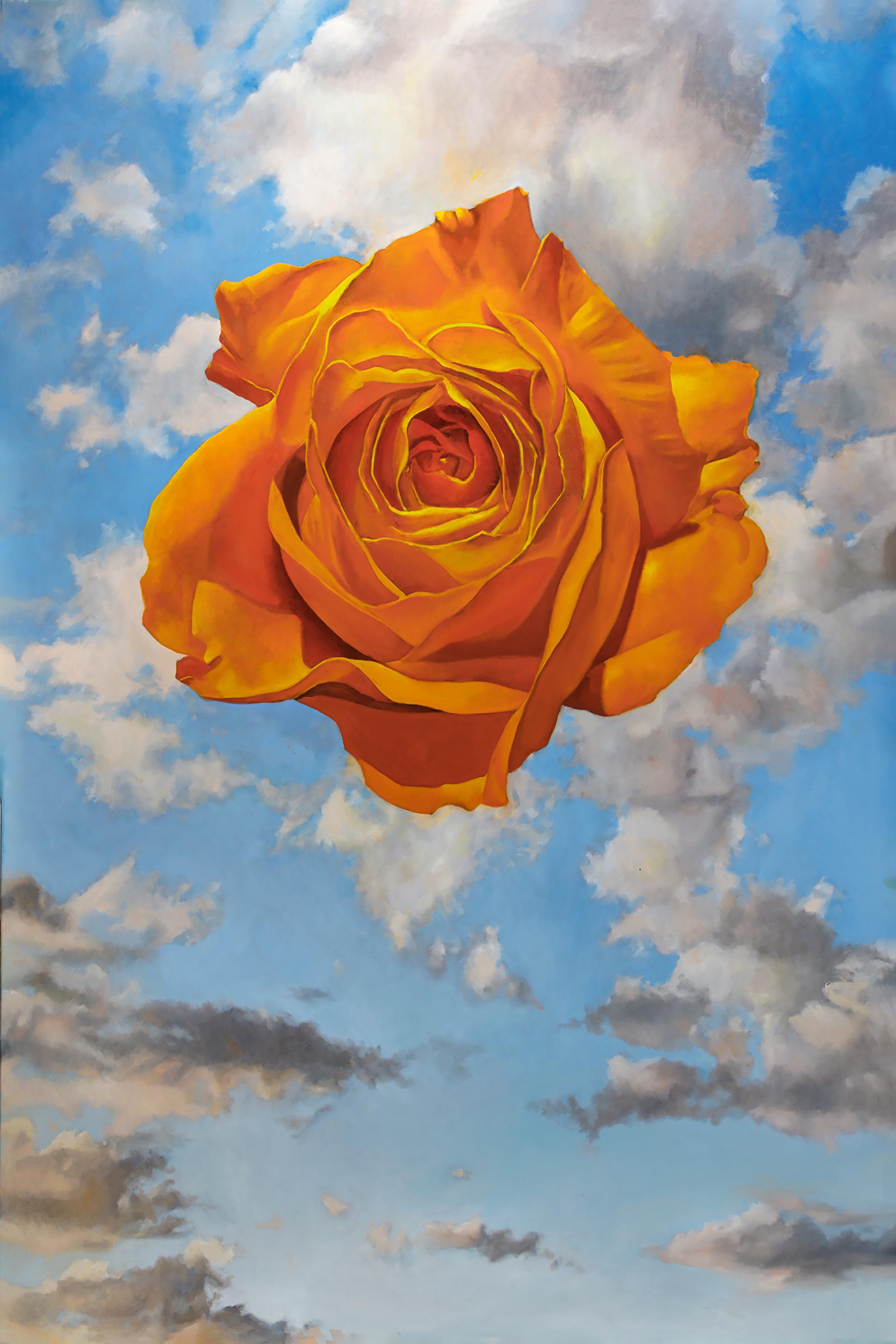 Jim Wise Abstract Painting – „Acolyte“ – surreales Blumengemälde – Wolken – Rene Magritte