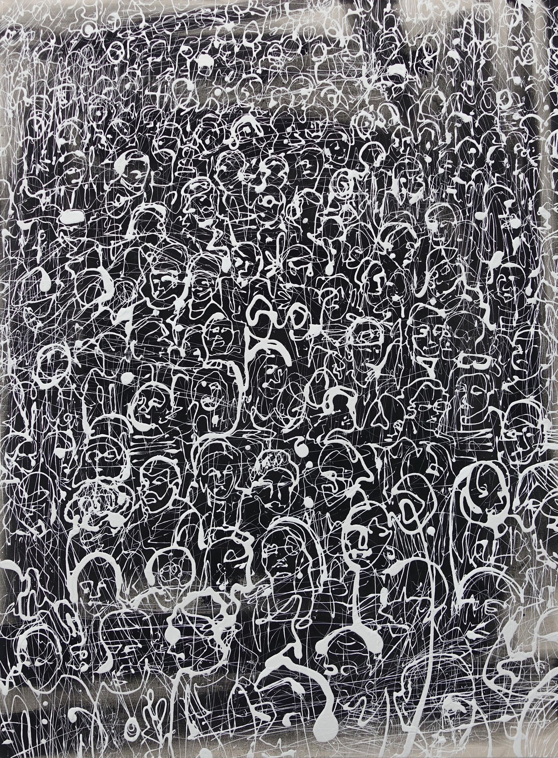 "Thread" - black & white - abstract figurative work - crowd - Pollock