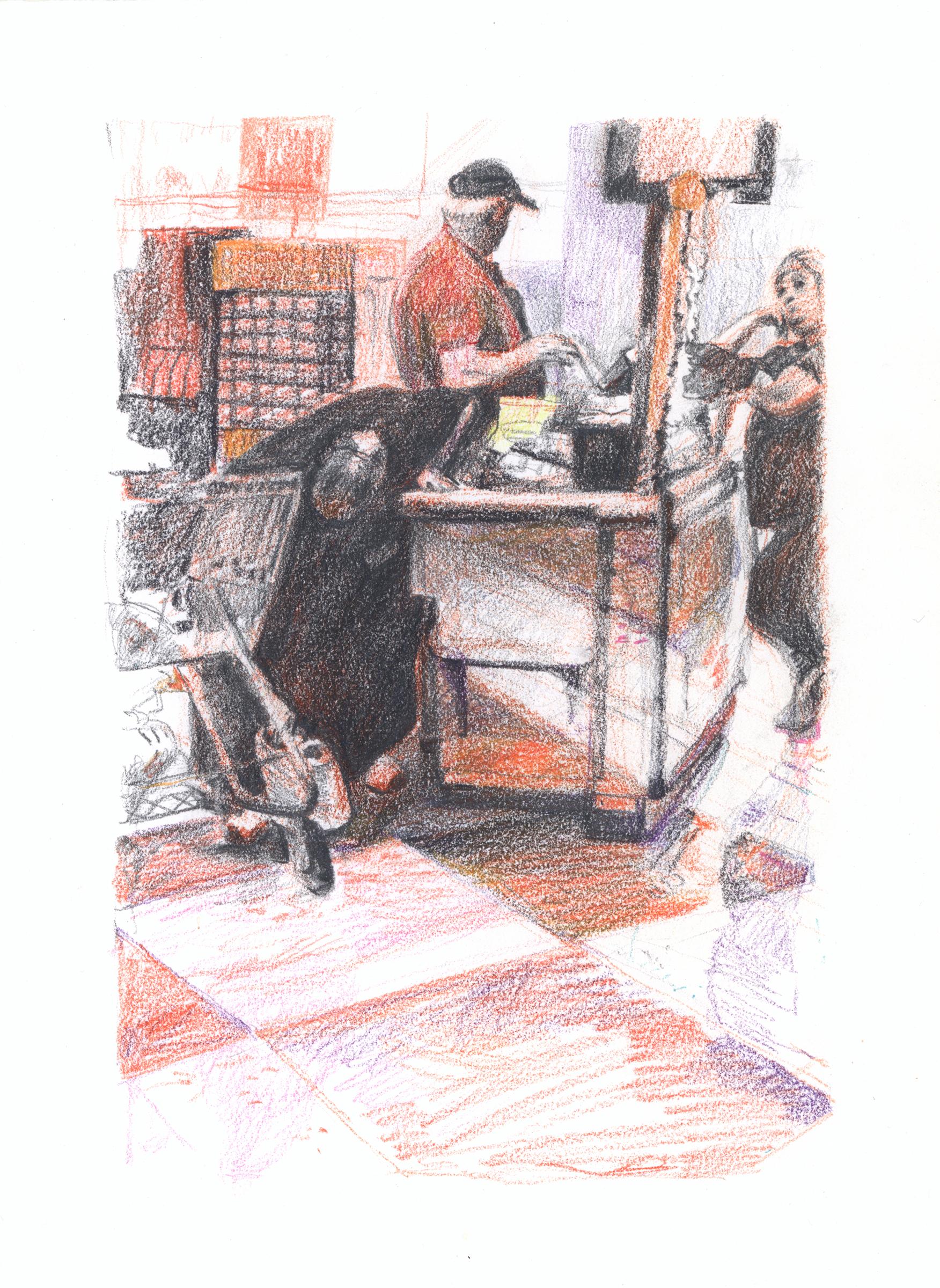 Eilis Crean Figurative Art - "Marketplace Cashier #34" - interior drawing - colorful work on paper - Daumier