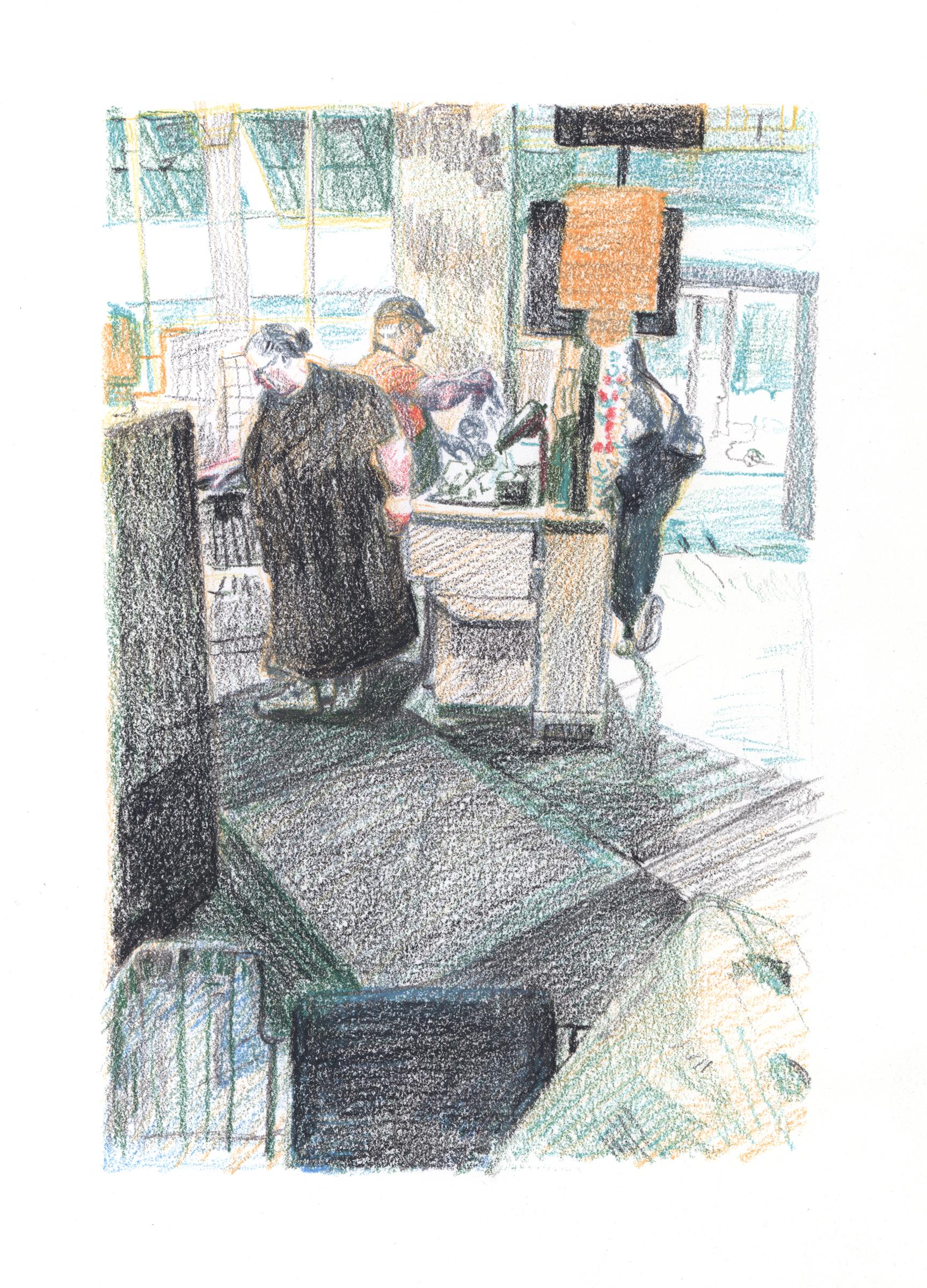Eilis Crean Figurative Art - "Marketplace Cashier #38" - interior drawing - colorful work on paper - Daumier