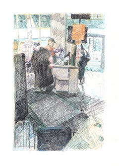 "Marketplace Cashier #38" - interior drawing - colourful work on paper - Daumier