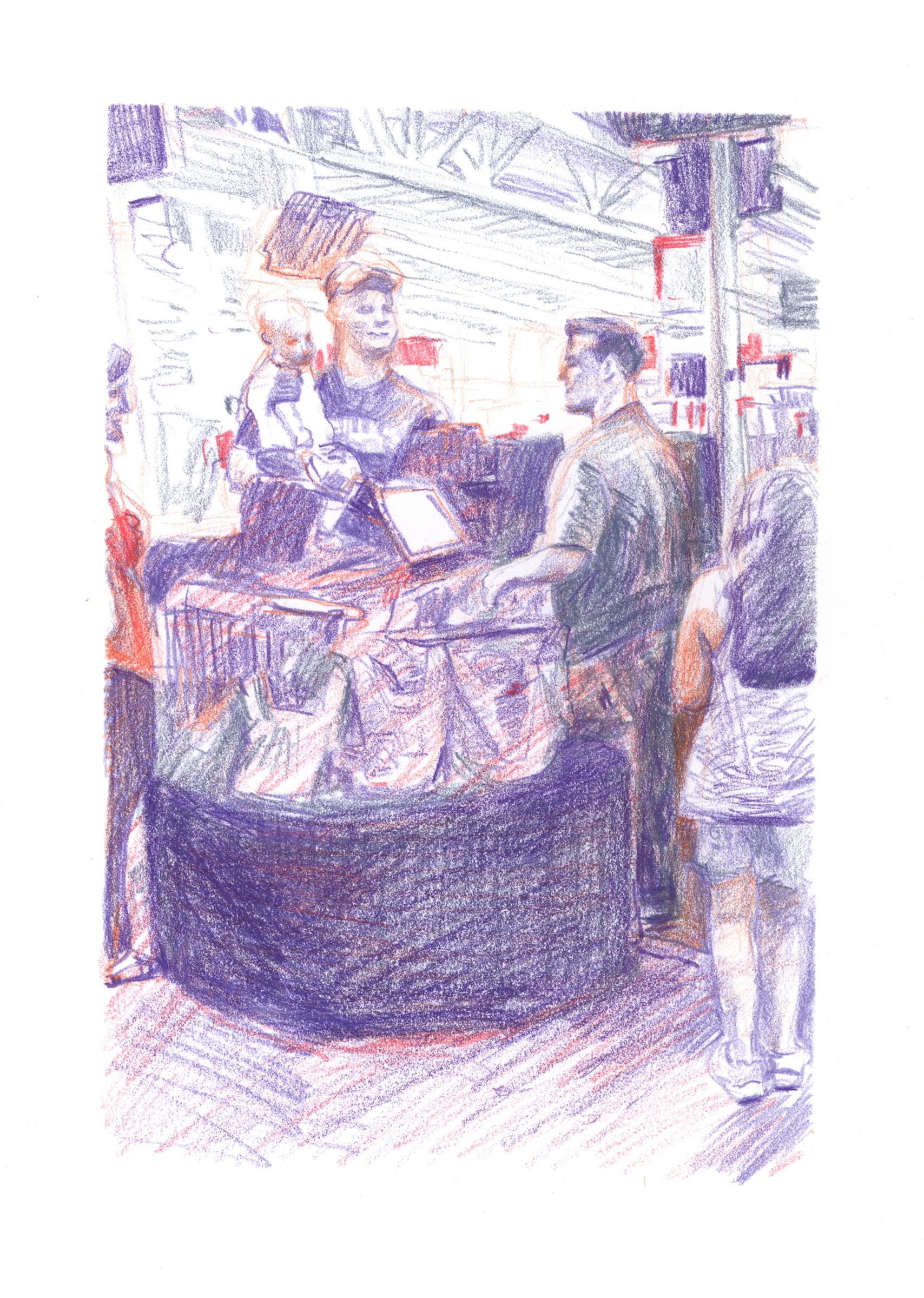 Eilis Crean Figurative Art - "Marketplace Cashier #44" - interior drawing - colorful work on paper - Daumier