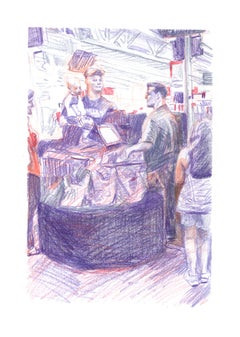 "Marketplace Cashier #44" - interior drawing - colourful work on paper - Daumier