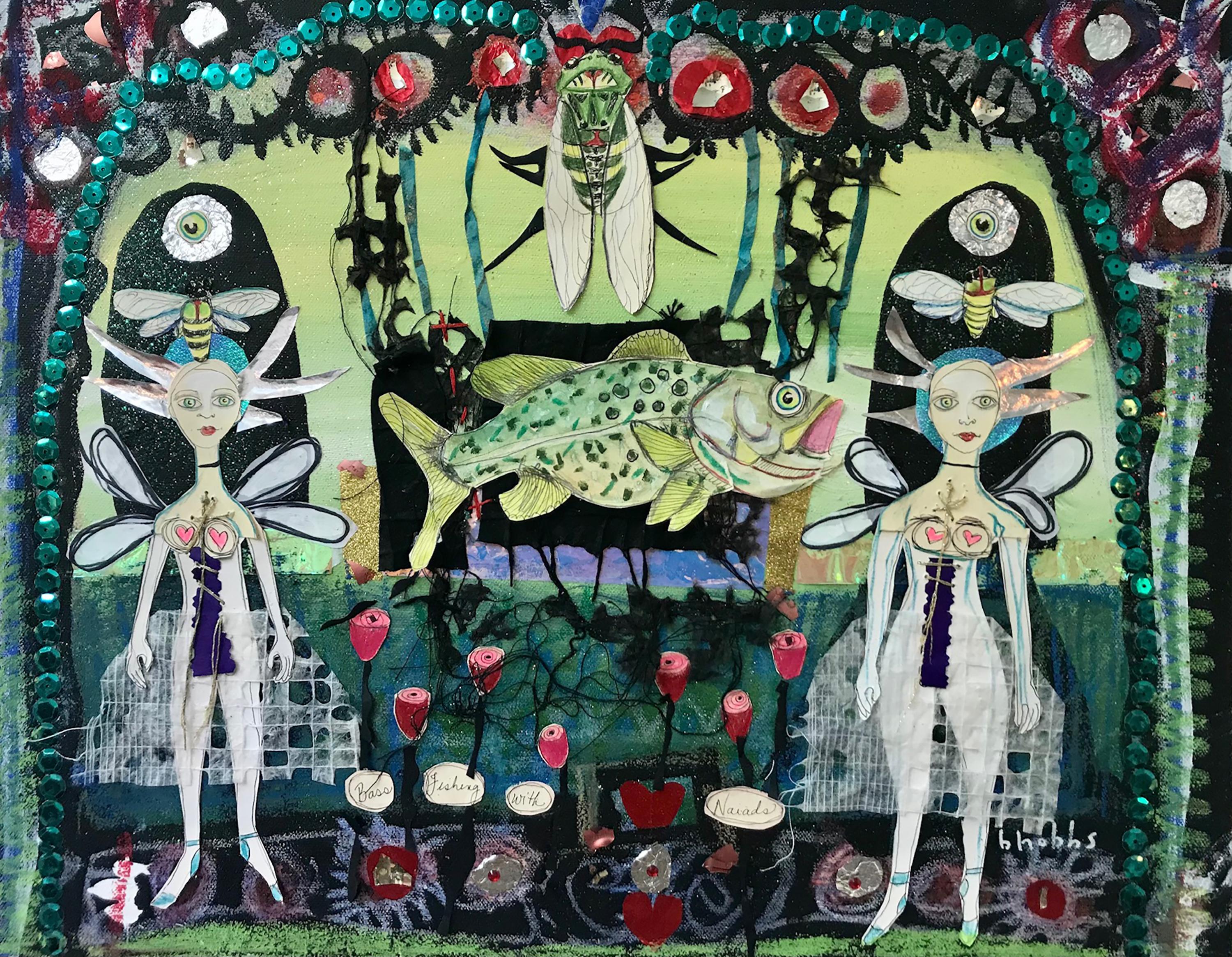Figurative Art Blair Hobbs - « Bas Fishing with Naiads » (Flaçage à la base avec des naïfs) - collage technique mixte - Southern Art - Marc Chagall