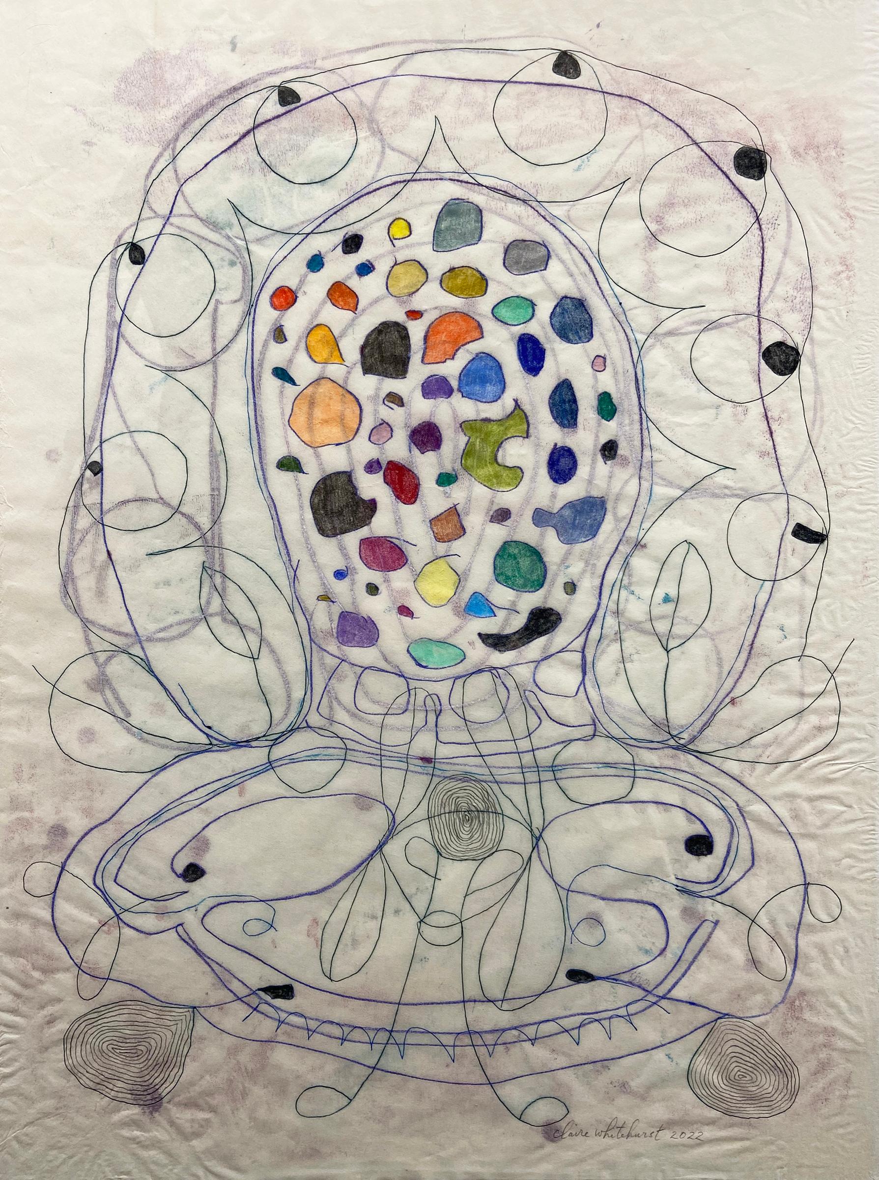 Claire Whitehurst Abstract Drawing - 'Mask in the Vanity Mirror' - organic abstraction - rainbow - Agnes Pelton