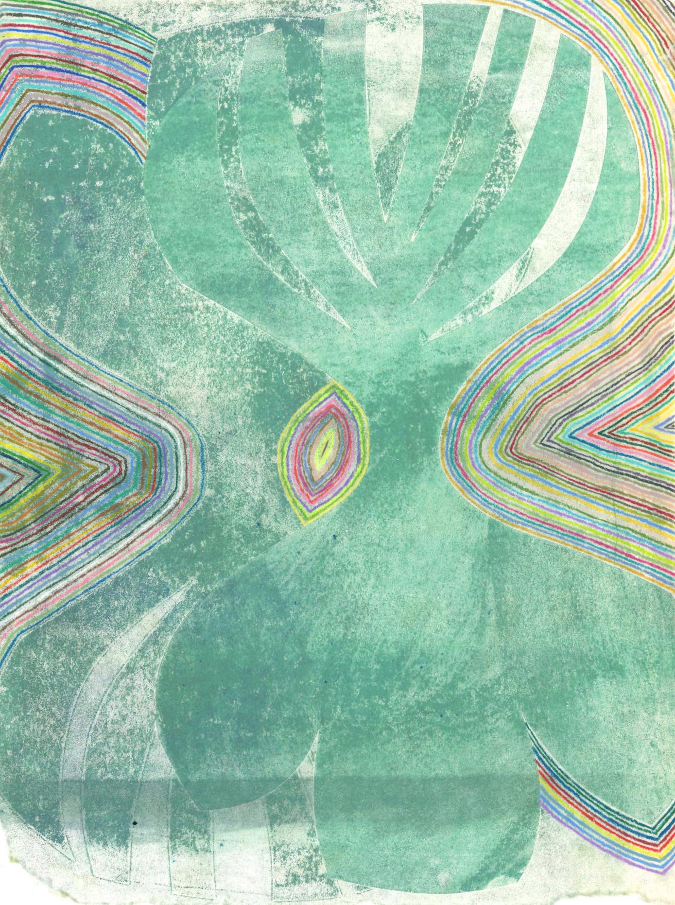 Claire Whitehurst Abstract Drawing - 'Fishtail' - organic abstraction - monotype - rainbow - Agnes Pelton