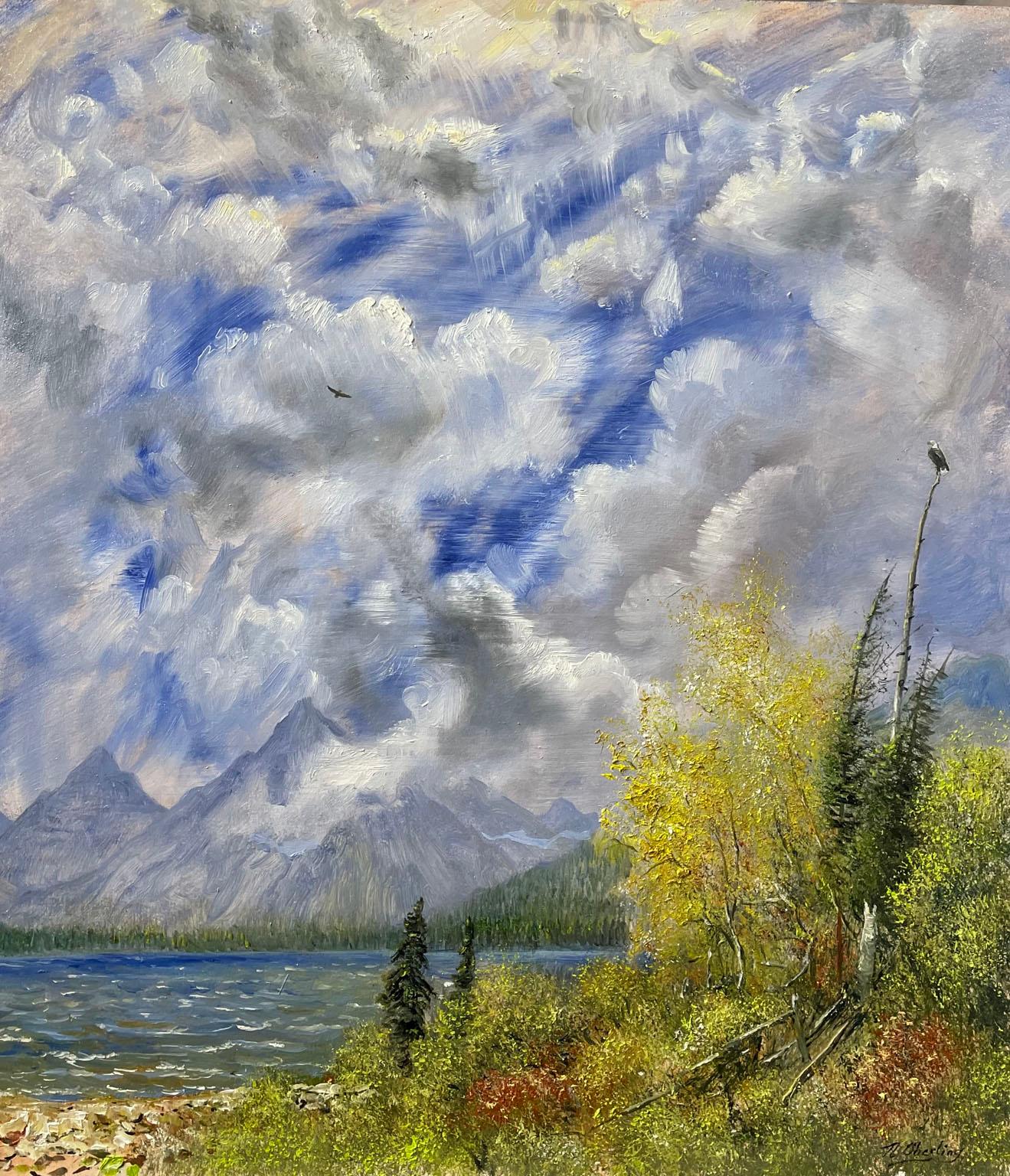 Nicholas Oberling Landscape Painting -  St. Mary Lake Autumn Eagles in Glacier National Park Montana