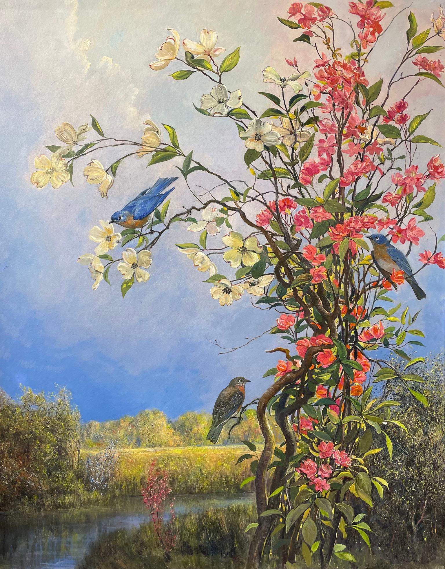 Nicholas Oberling Landscape Painting - Bluebirds and Blossoms