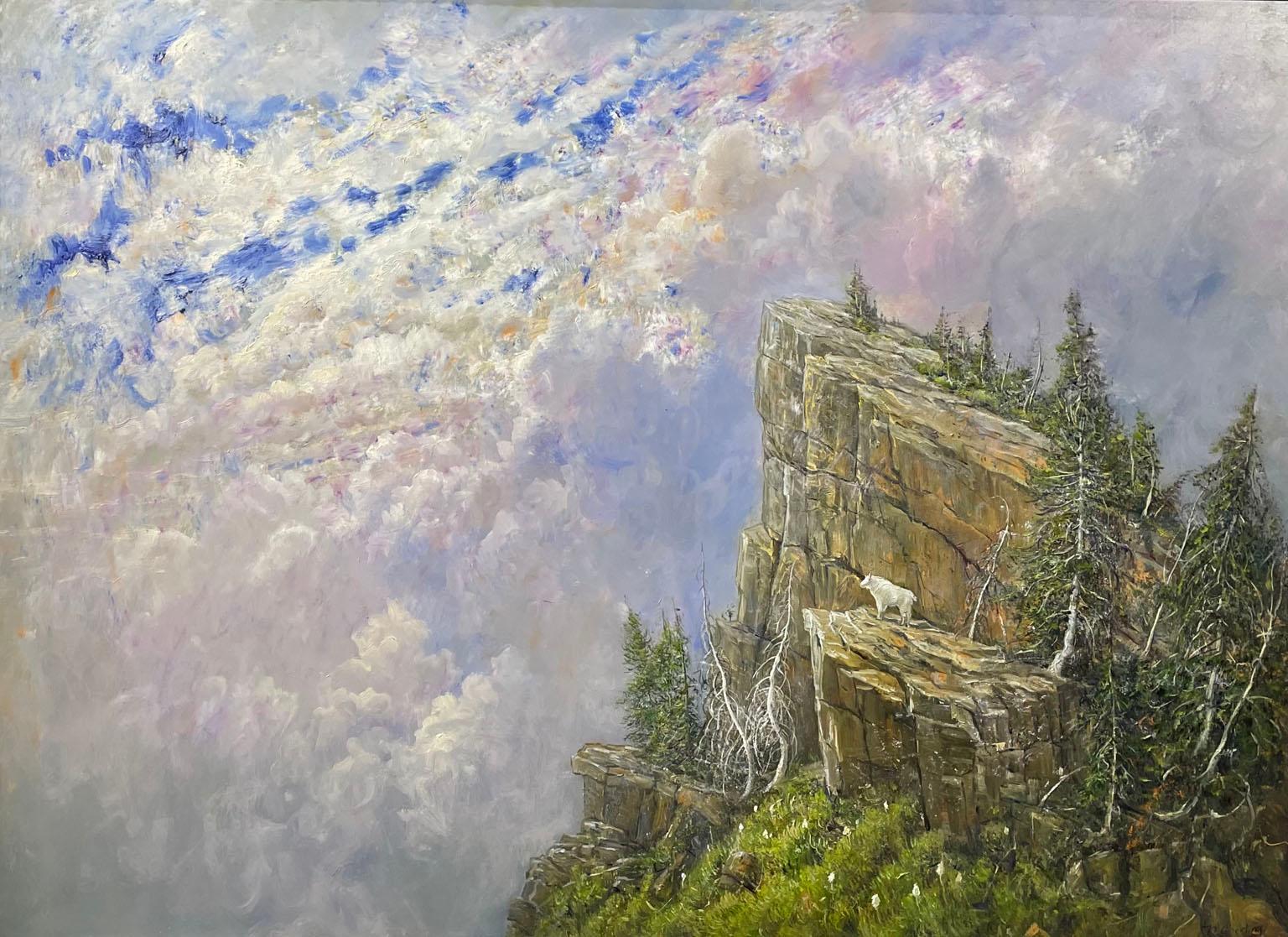 Nicholas Oberling Landscape Painting - Mountain Goat and Clouds in  Glacier National Park Montana