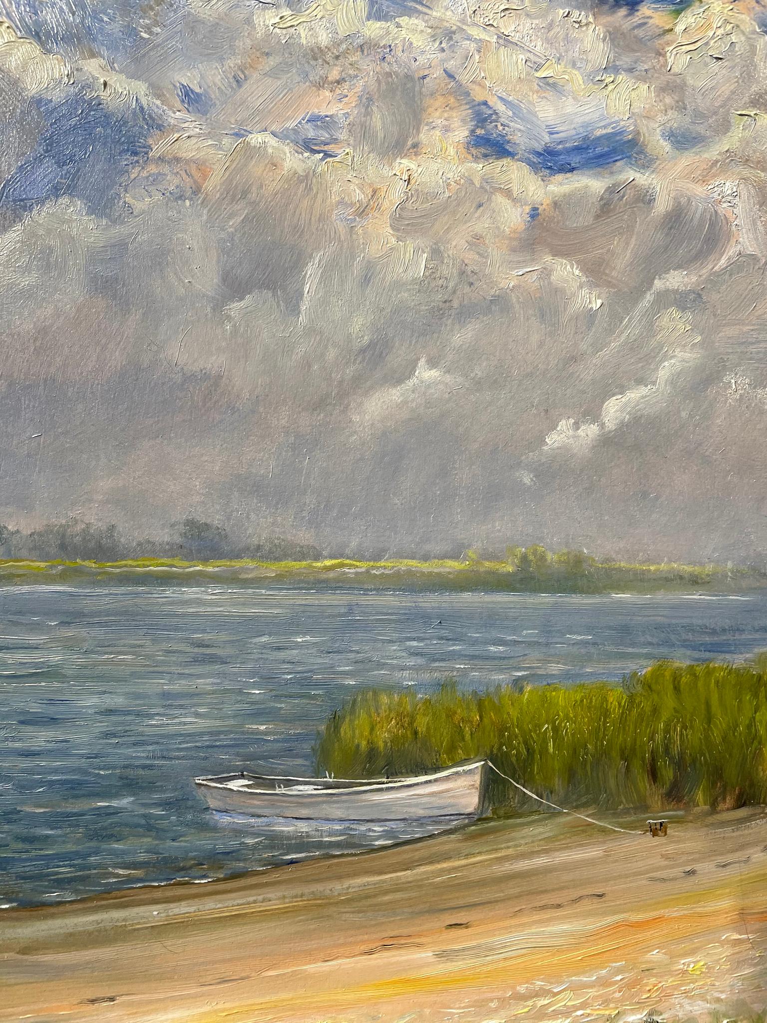 White Boat on Long Island New York - Painting by Nicholas Oberling