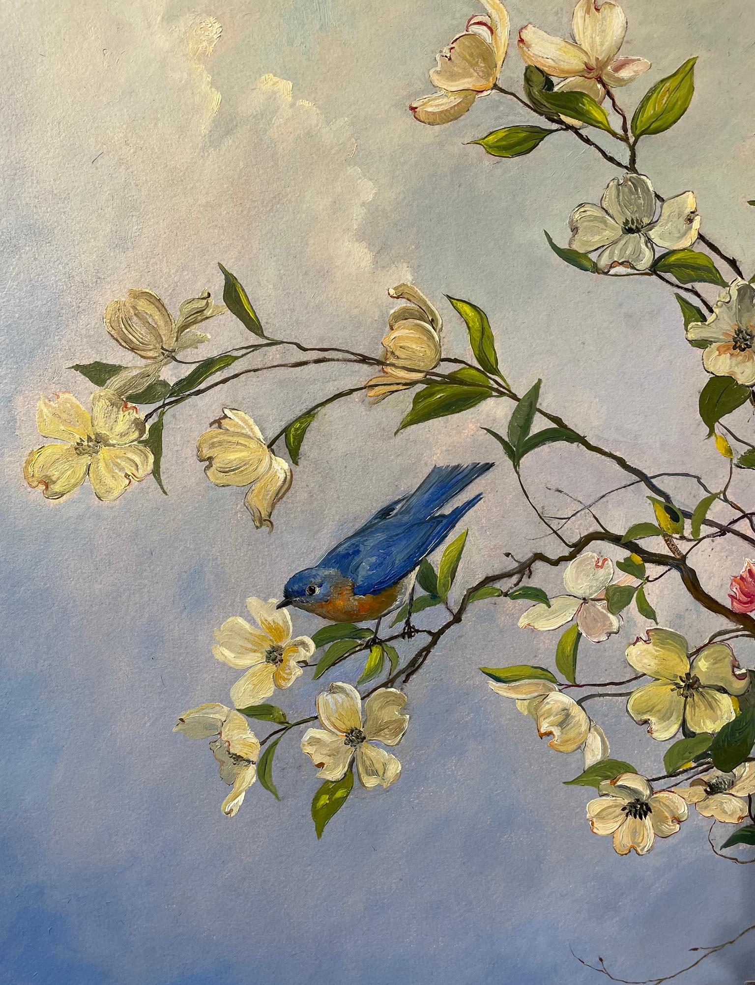 Bluebirds and Blossoms - Painting by Nicholas Oberling